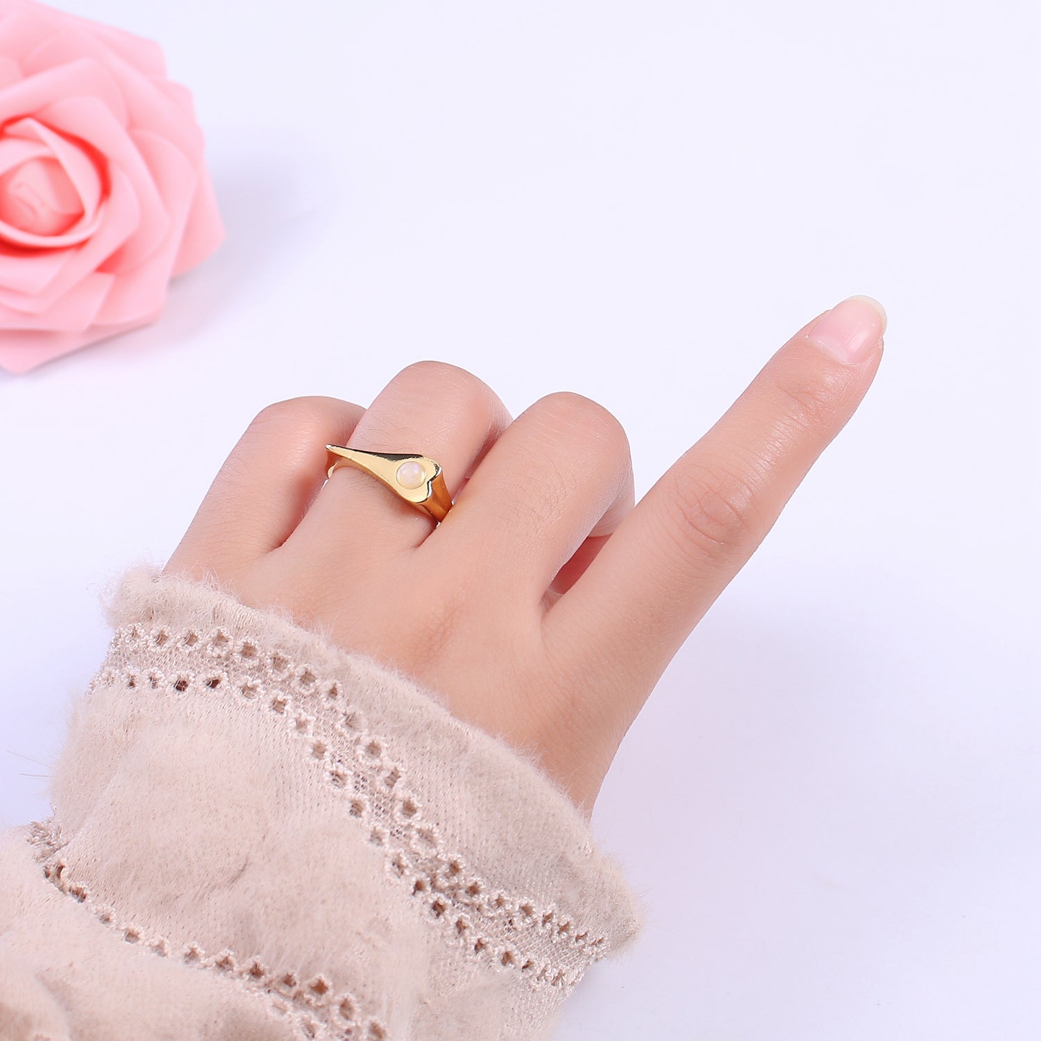 Dainty Opal Signet Long Heart Ring - Adjustable Gold Filled Ring Minimalist Jewelry for Valentine - DLUXCA