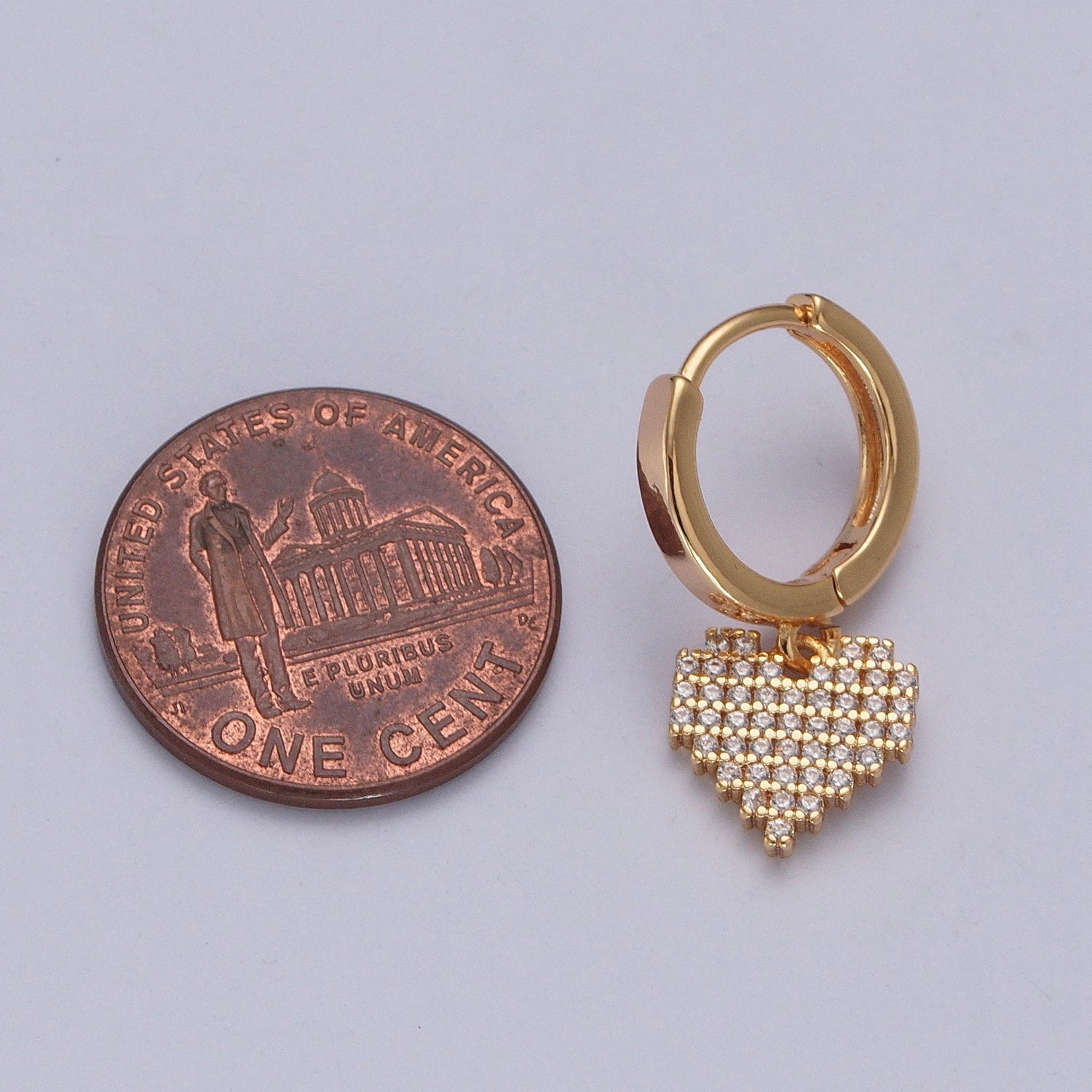 24K Gold Filled Clear Micro Pave CZ Heart Valentine Charm Huggie Hoop Earring W-742 - DLUXCA