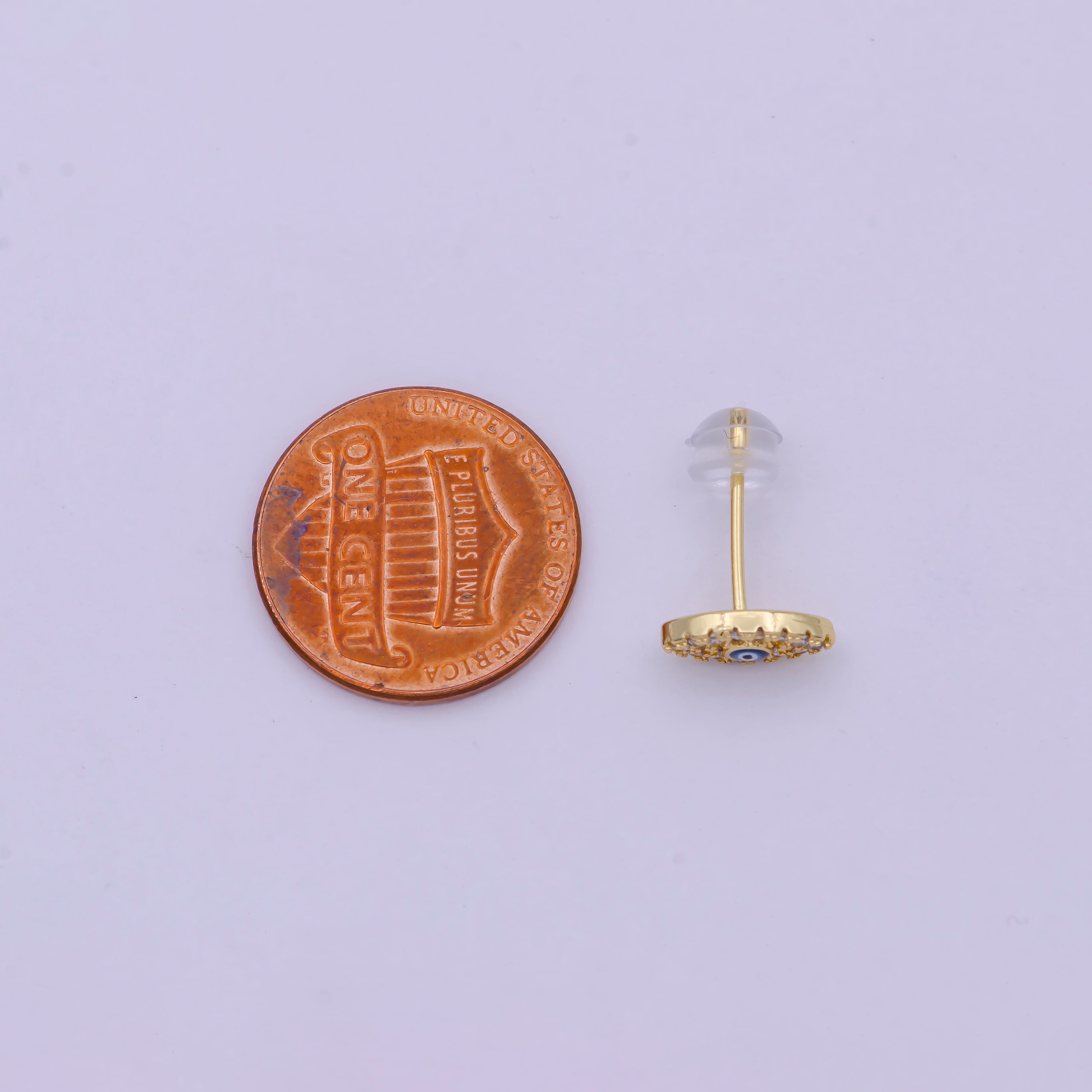 Micro Pave Gold Evil Eye Stud Earring Dainty Talisman Amulet Earring T-282 - DLUXCA
