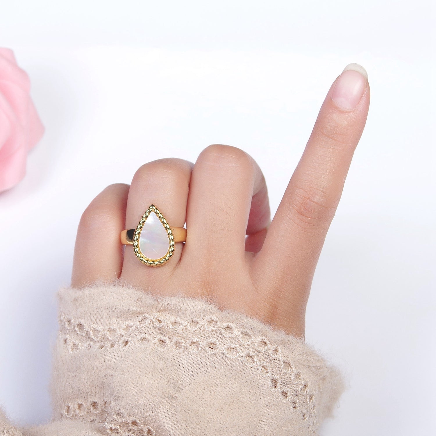 24K Gold Filled Shell Croissant Twist Teardrop Statement Ring | S-238 - DLUXCA