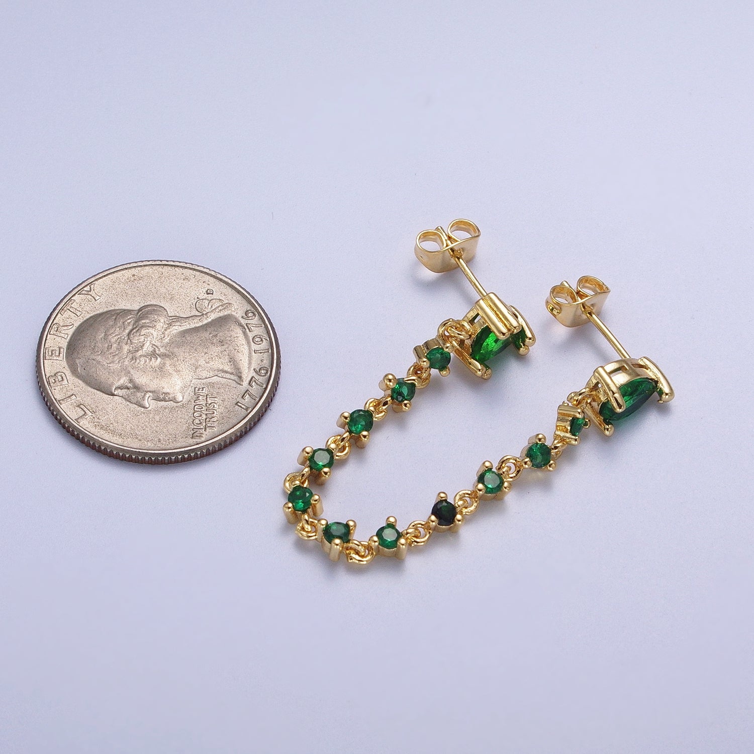 24K Gold Filled Emerald Green Double Cubic Zirconia Teardrop Round Stud Chain Earring | G920 - DLUXCA