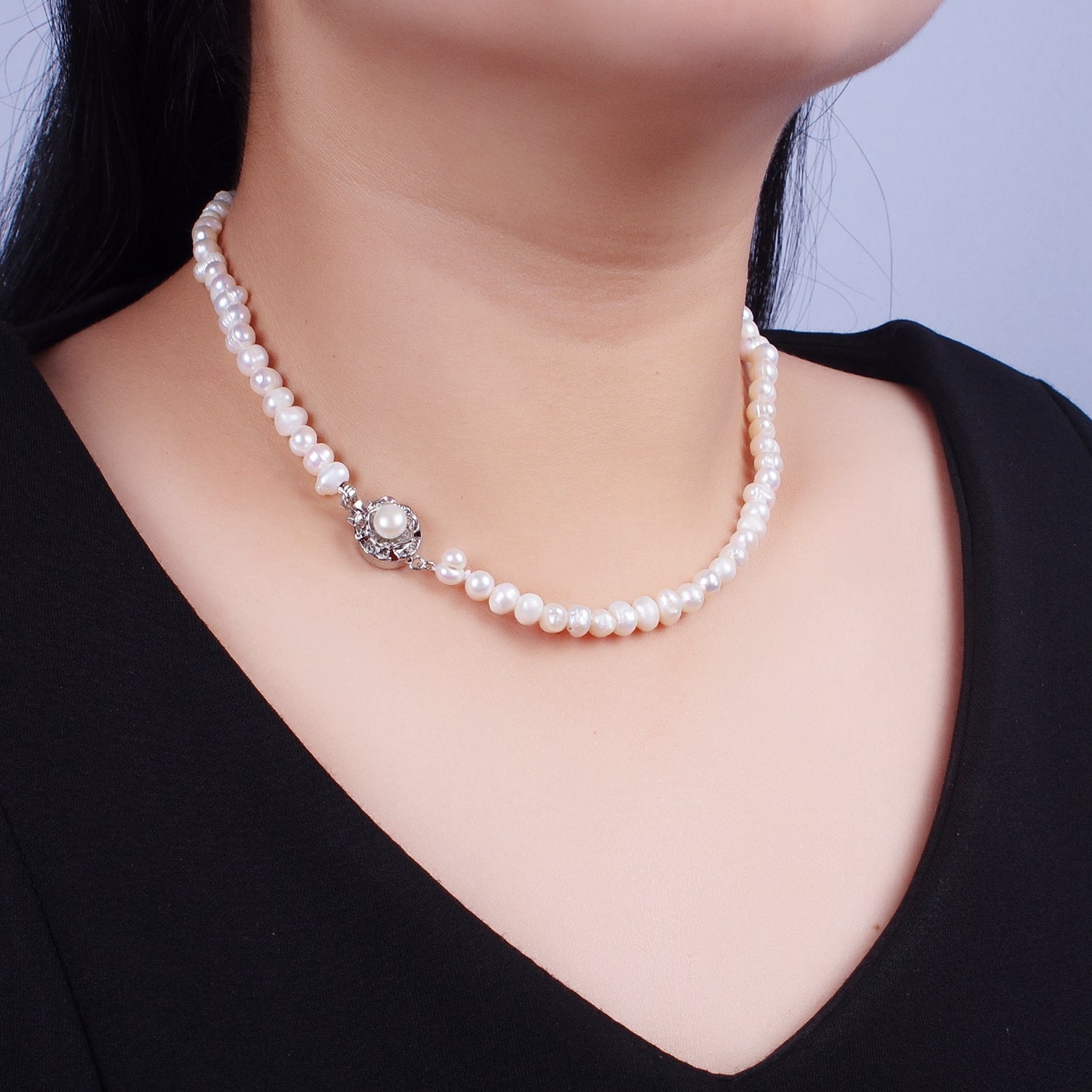 White Gold Filled Silver Flower Statement Freshwater Pearl 16.5 Inch Choker Necklace | WA-1181 - DLUXCA