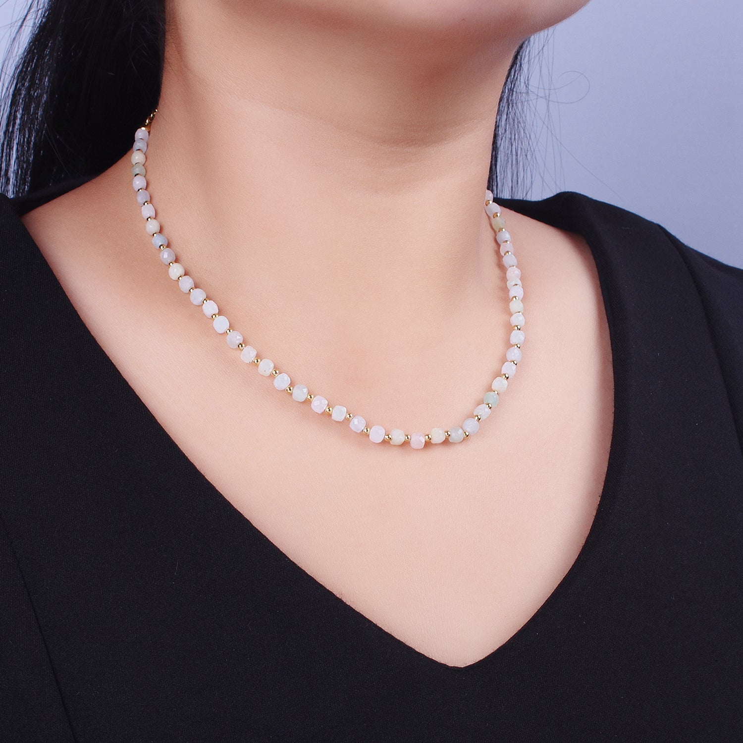16 Inch Natural Morganite Multifaceted Cube Gemstone w. Gold Bead Choker Necklace | WA-1479 - DLUXCA