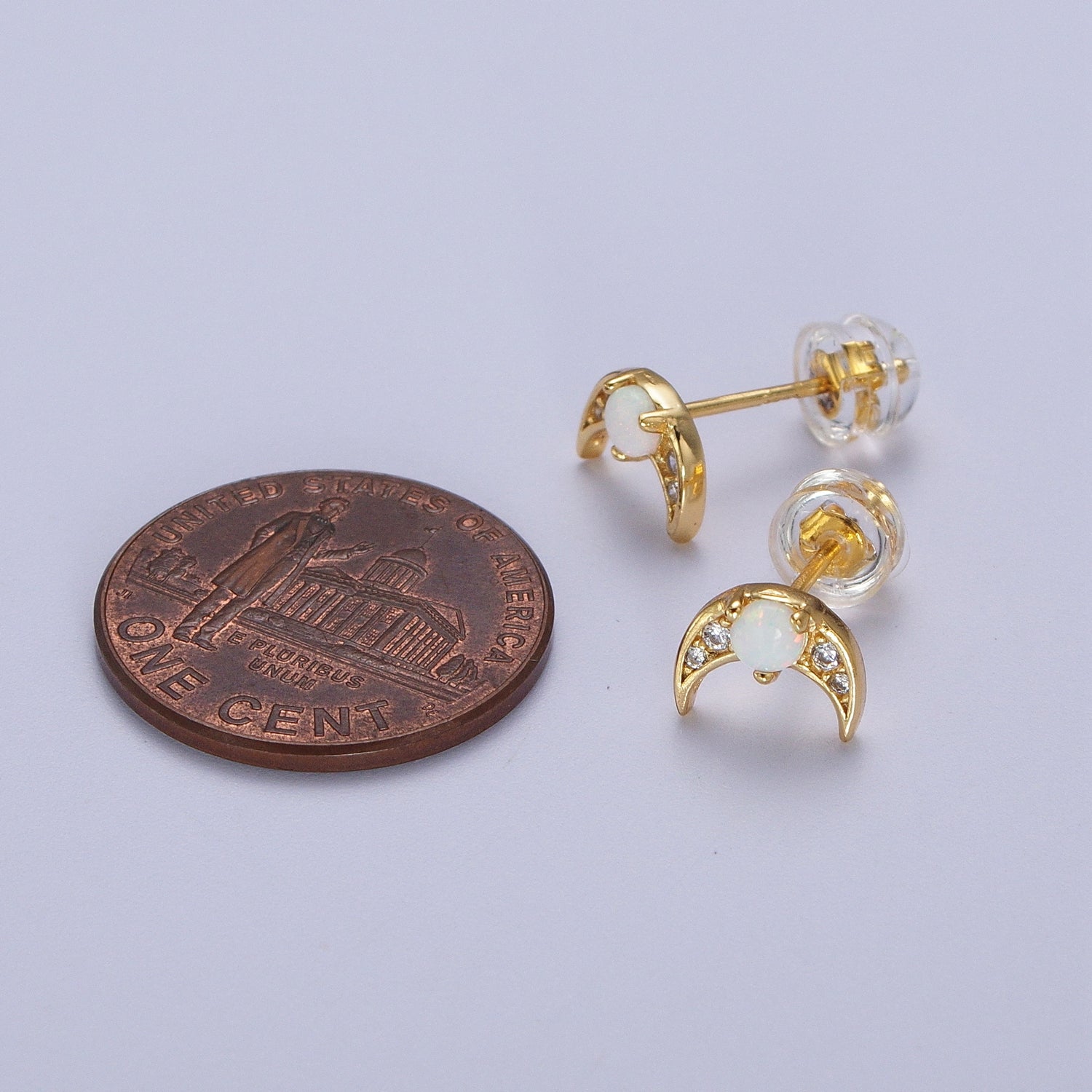 24K Gold Filled Mini White Opal Micro Paved CZ Crescent Moon Stud Earrings | Y225 - DLUXCA