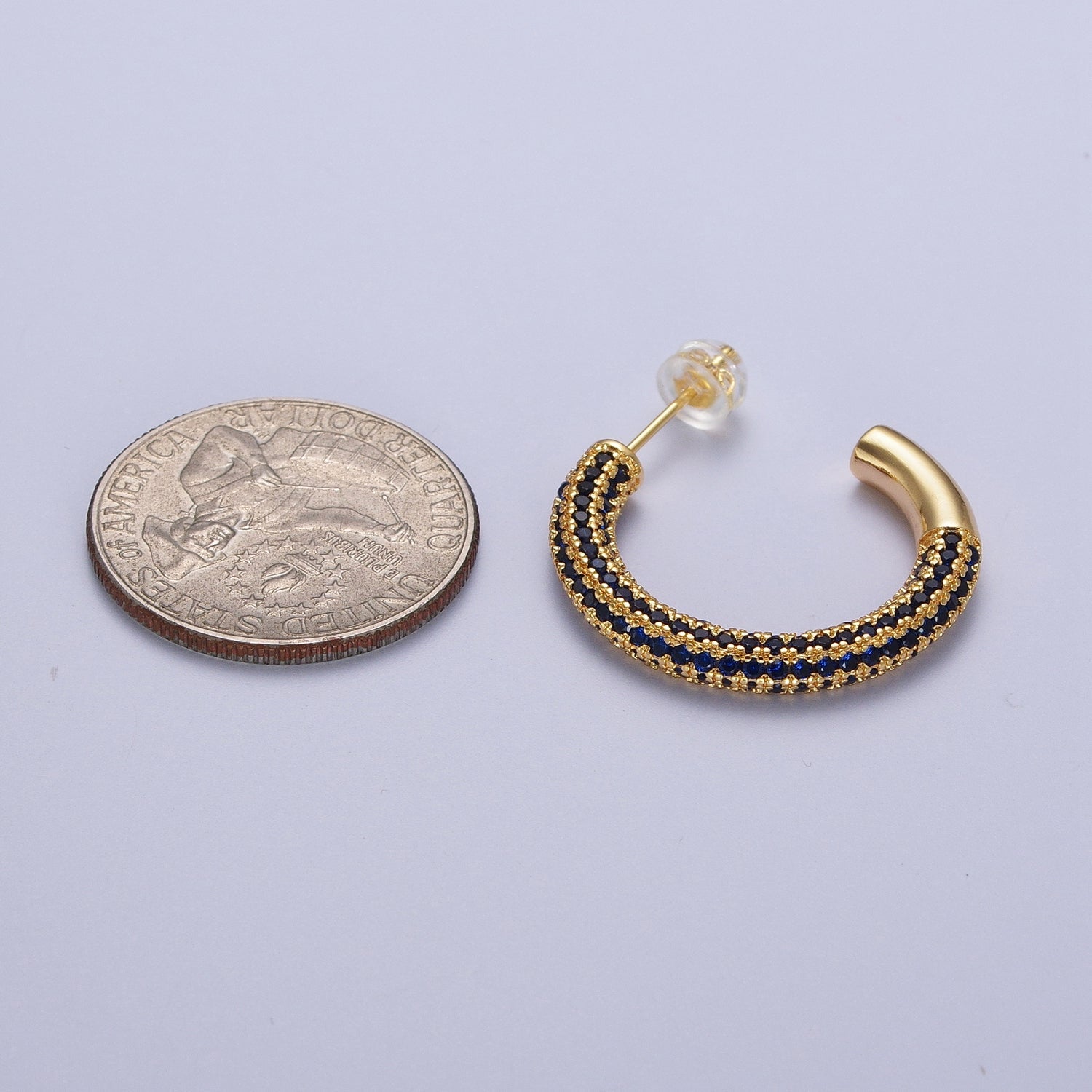 14K Gold Filled Blue Micro Paved CZ C Shaped Hoop Studs | Y106 - DLUXCA