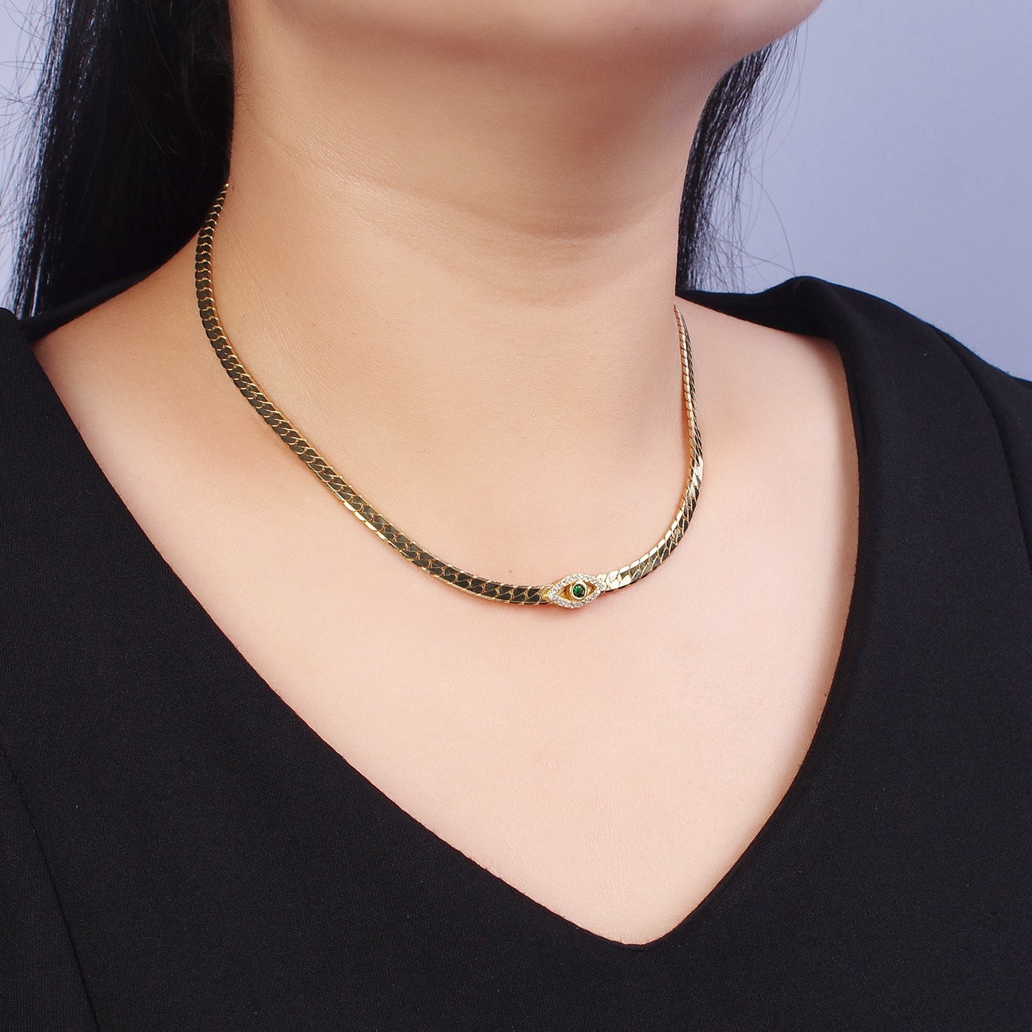 Gold Filled Micro Paved Green Evil Eye Herringbone Snake 15 Inch Choker Necklace | WA-1294 - DLUXCA