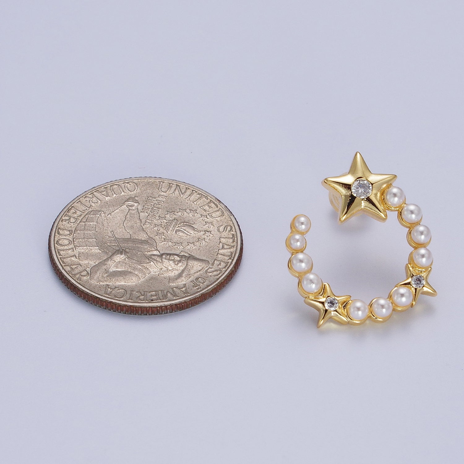 24K Gold Filled White Pearl Crescent Moon Stars CZ Celestial Stud Earrings | Y229 - DLUXCA