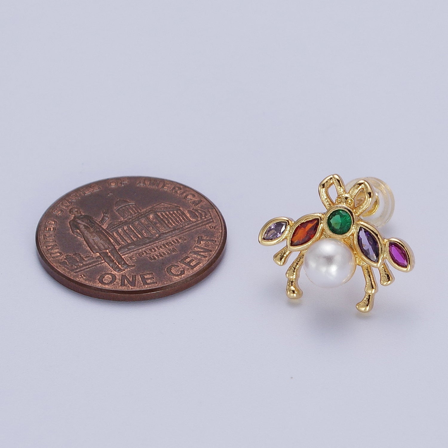 24K Gold Filled Bee Insect Multicolor CZ Marquise Round White Pearl Stud Earrings | Y230 - DLUXCA