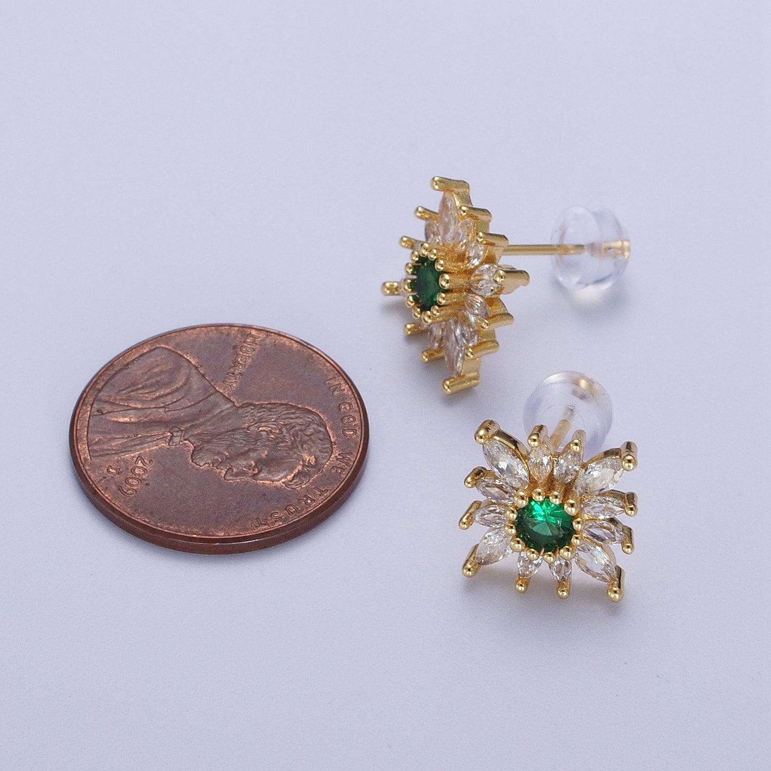 Emerald Green Nature Flower Round Marquise Cubic Zirconia Gold Stud Earrings | X935 - DLUXCA