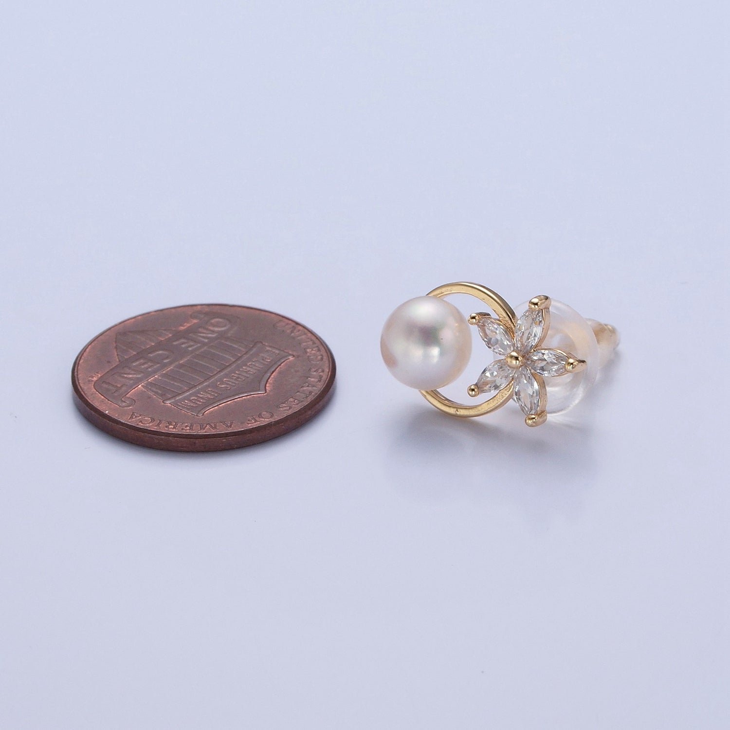 Gold Pave CZ Flower Stud Earring with Pearl for Wedding Jewelry V-372 - DLUXCA