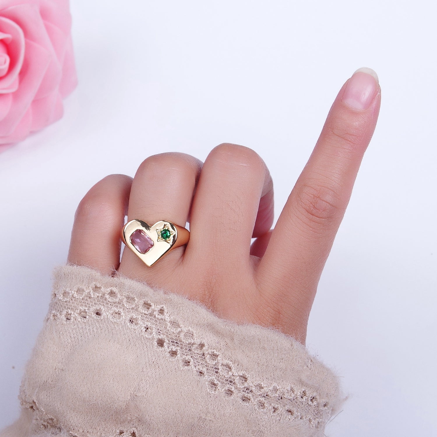 Gold Heart Signet Ring with Pink & Green Cubic Zirconia Baguette Star Stones | X616 - DLUXCA