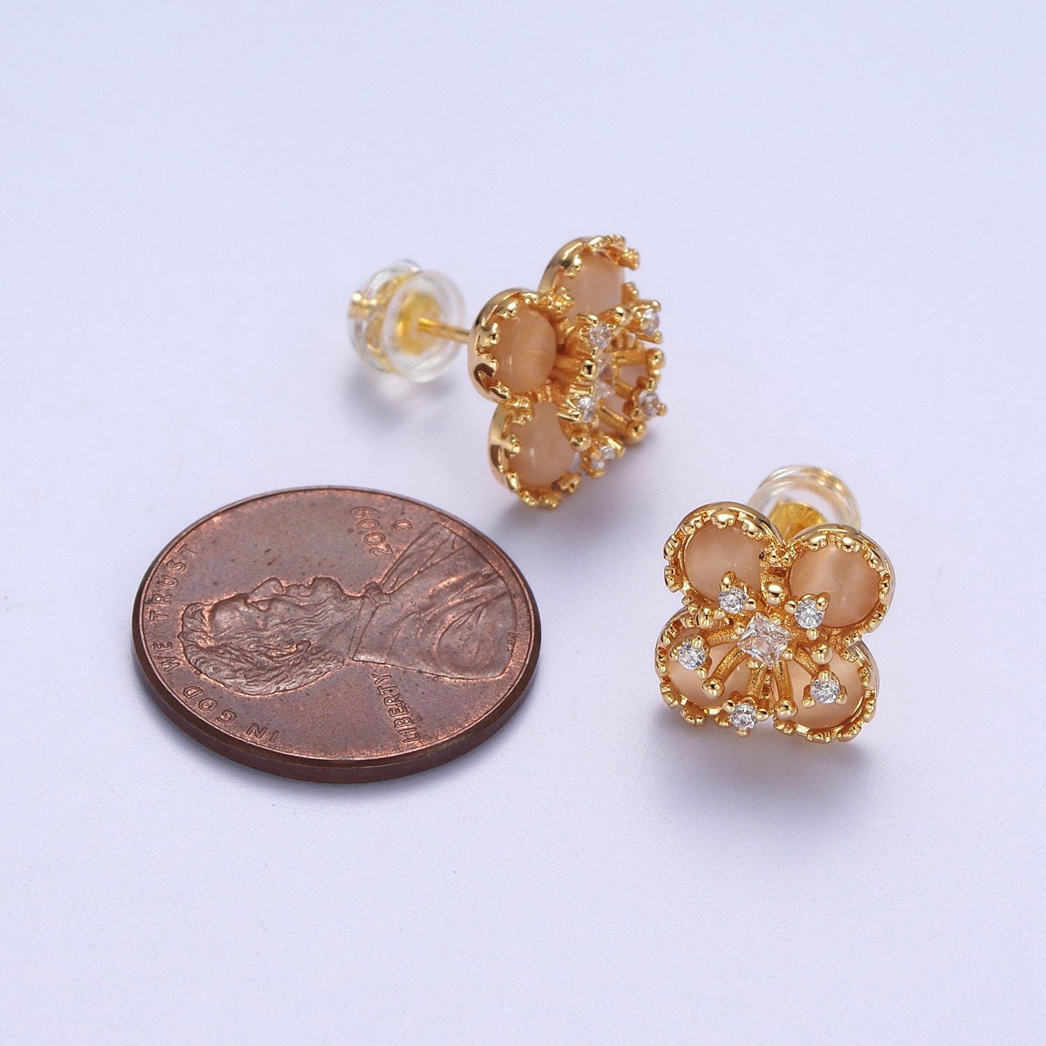 Orange Cats Eye Hibiscus Botanical Flower Mini Gold Stud Earrings | Y178 - DLUXCA