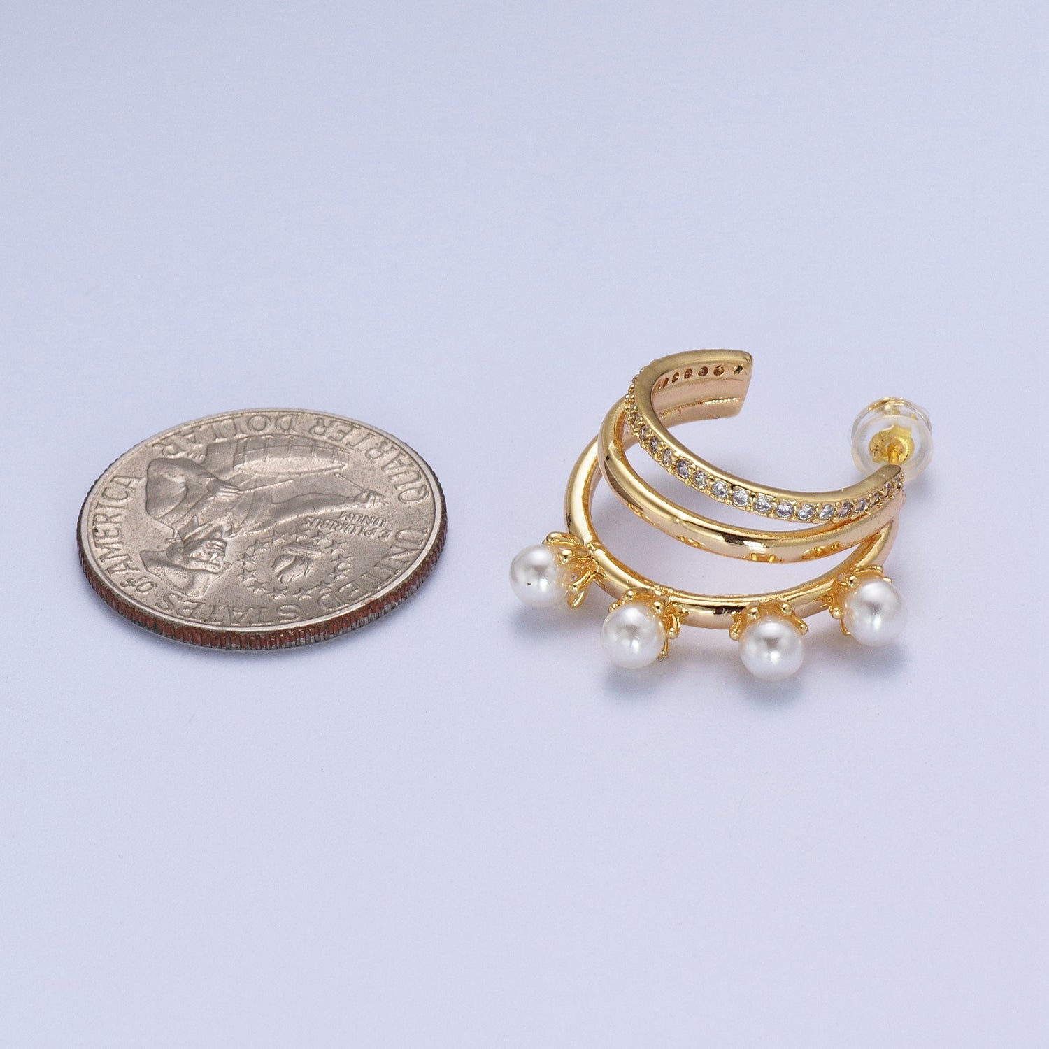 Micro Paved CZ Round Pearl Lined Triple Round Bar Gold Stud Earrings | Y276 - DLUXCA