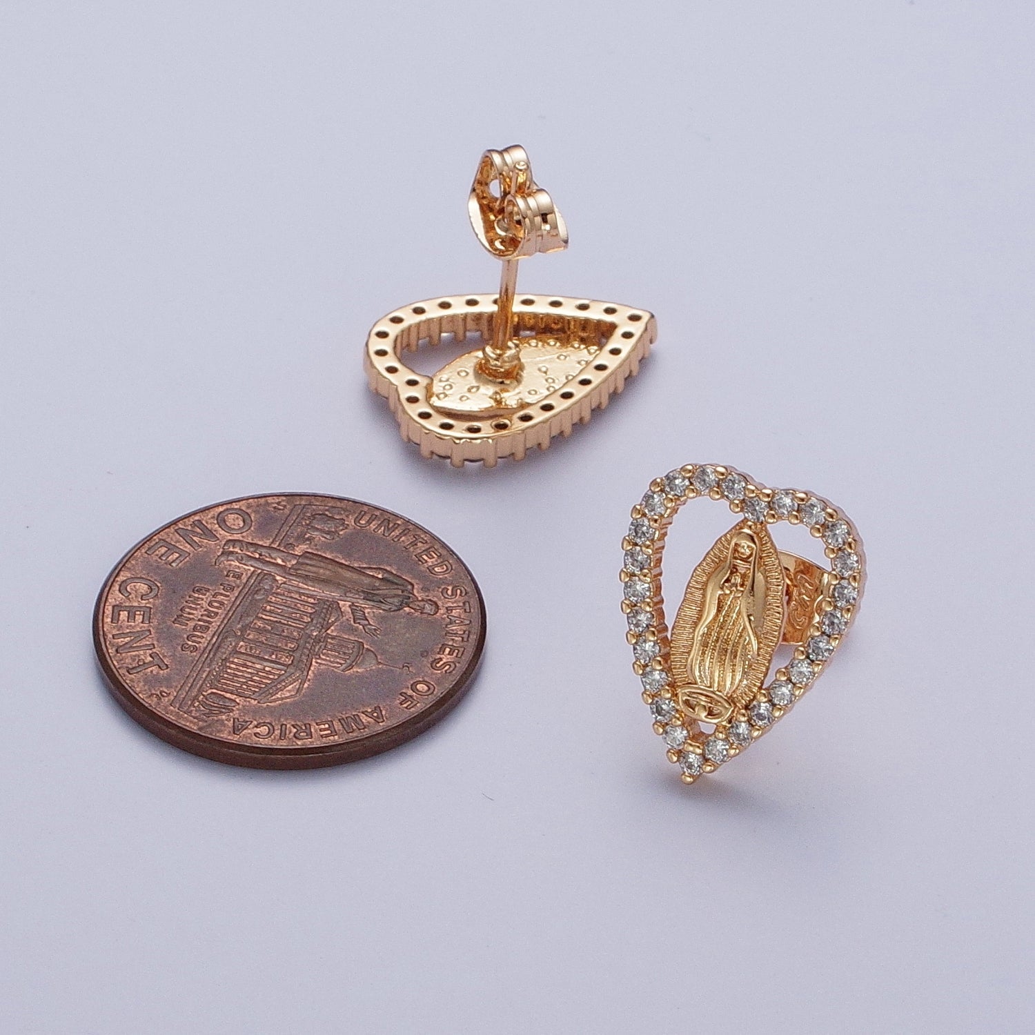 18K Gold Micro Paved Heart Outline Mother Virgin Mary Religious Stud Earrings | G926 - DLUXCA