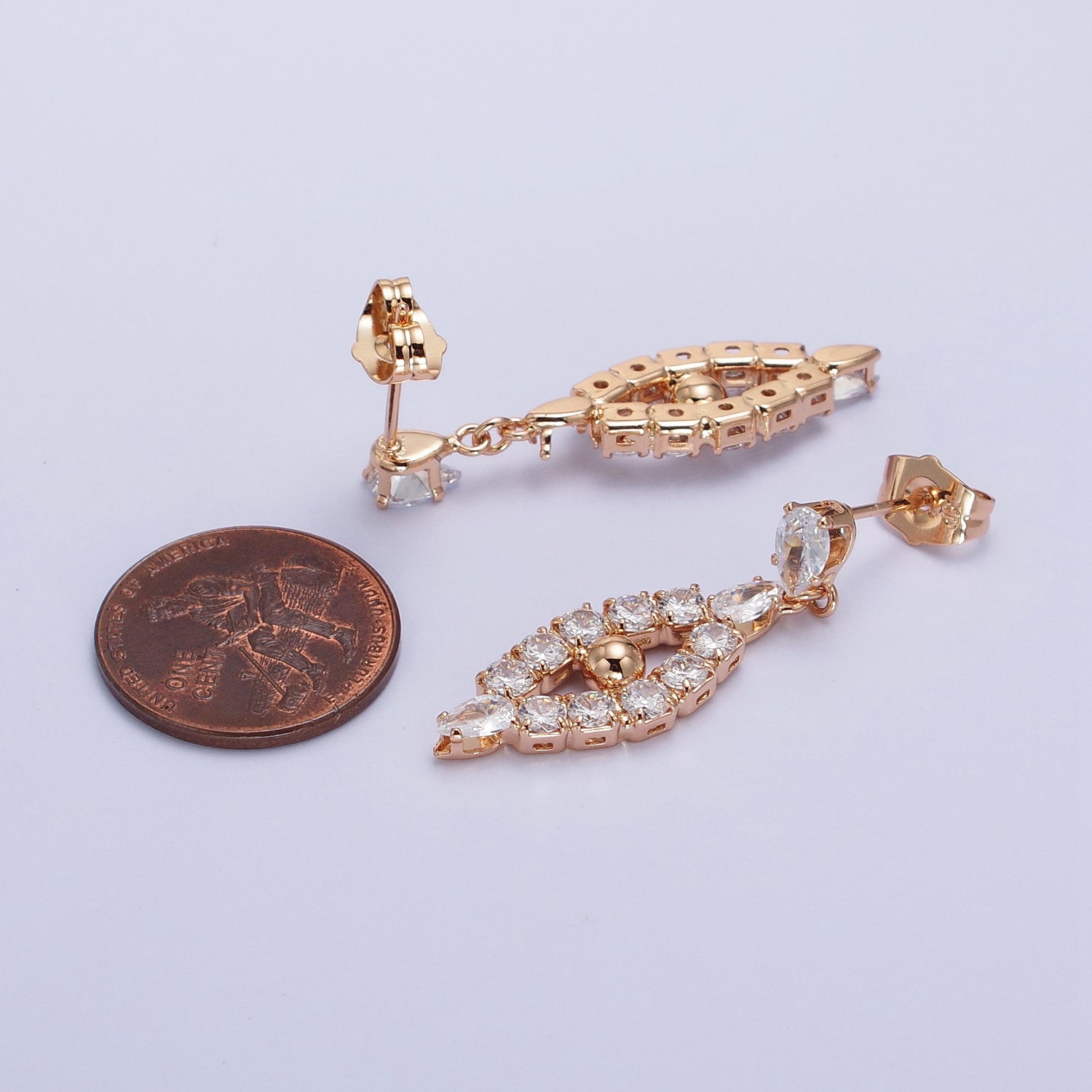 Rosey Gold Dangle Clear Teardrop CZ Cubic Zirconia Stud Earrings | AB302 - DLUXCA