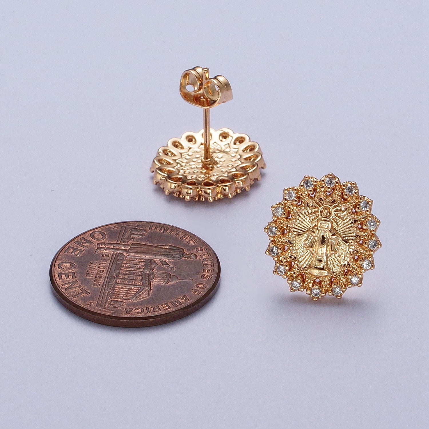 Micro Pave Gold Virgin Mary Stud Earring SUN Medallion Miraculous Lady Earring Catholic Religious Jewelry Gift G-922 - DLUXCA