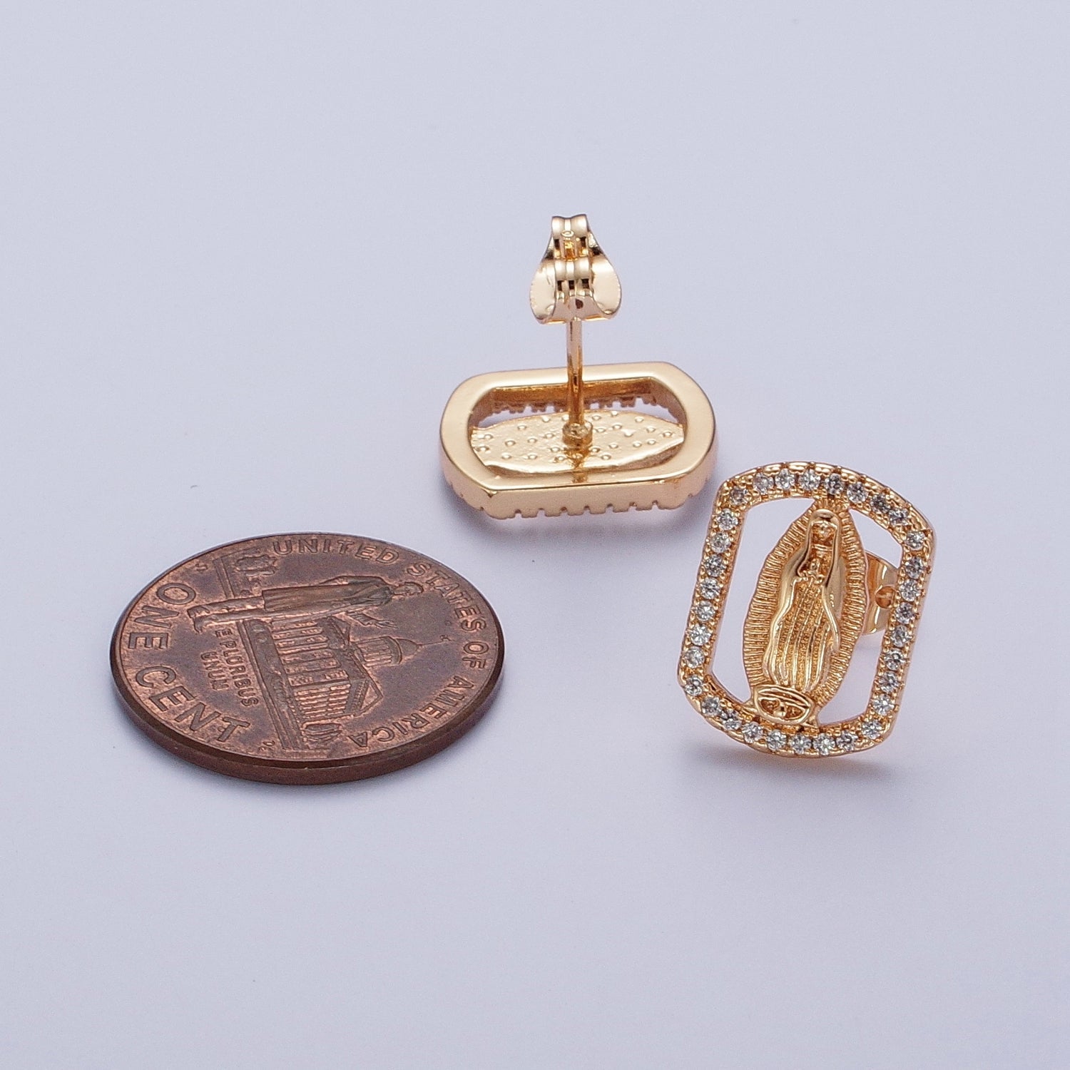 Micro Pave Gold Virgin Mary Stud Earring TAG Medallion Lady Guadalupe Earring Catholic Religious Jewelry Gift G-923 - DLUXCA