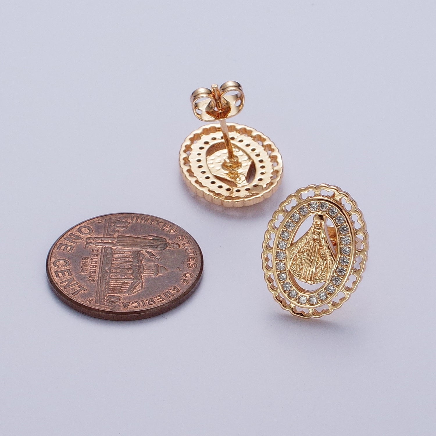 Vintage Miraculous Lady Earring Gold Lady Guadalupe Stud Earring Oval Medallion Virgin Mary Religious Jewelry Gift G-925 - DLUXCA