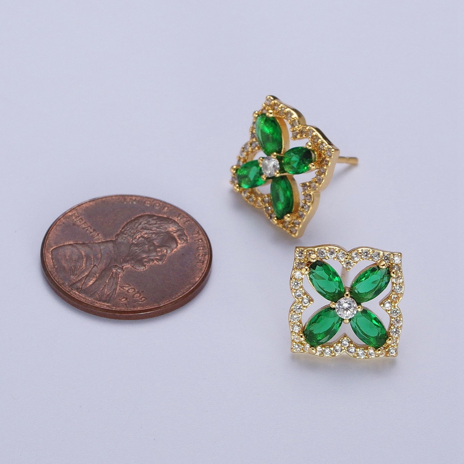 Emerald Cz Clover Stud Earring Four Leaves Gold Lucky Jewelry Micro Pave Earring G-120 - DLUXCA