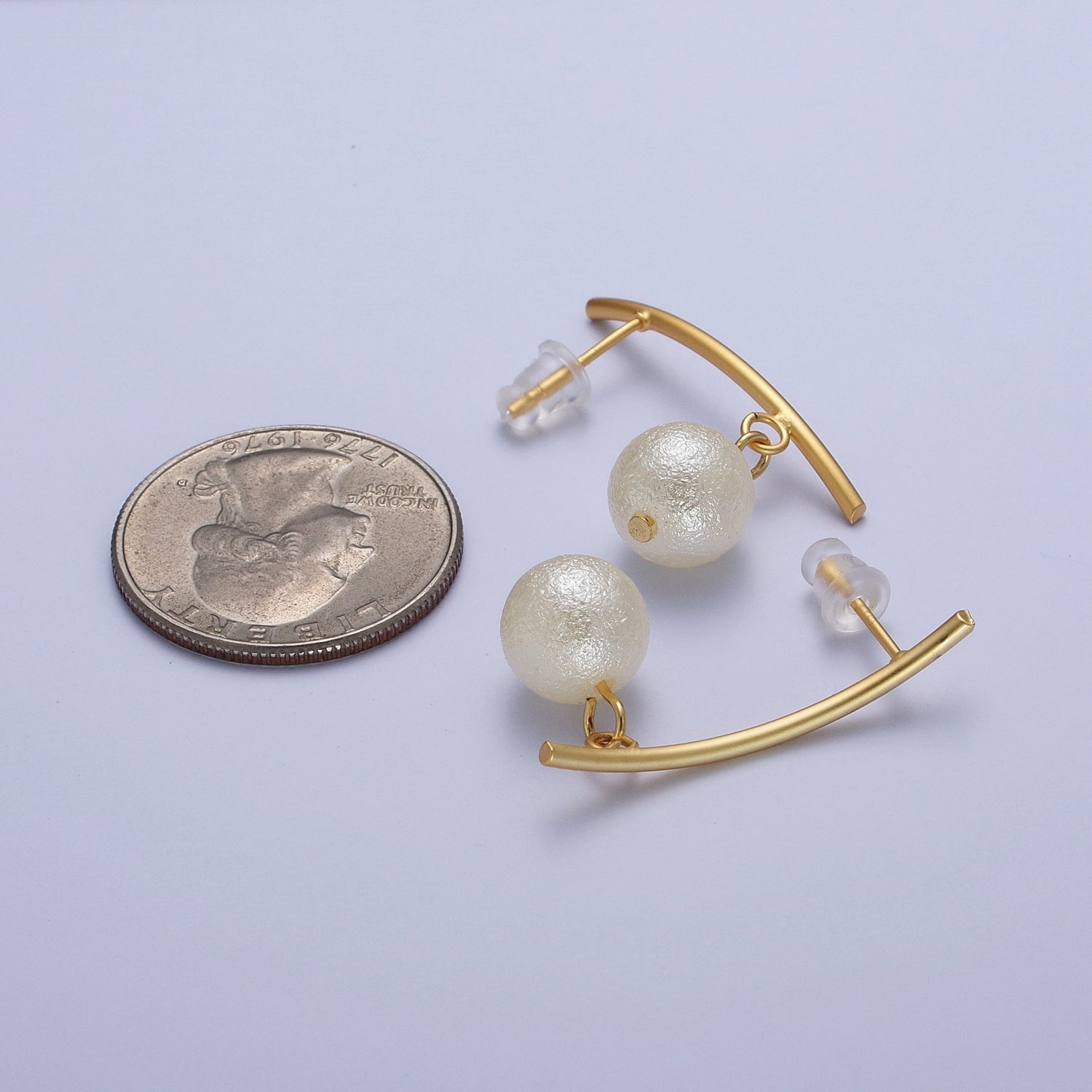 Gold Long Arc Line Drop White Pearl Geometric Stud Earrings | X866 - DLUXCA