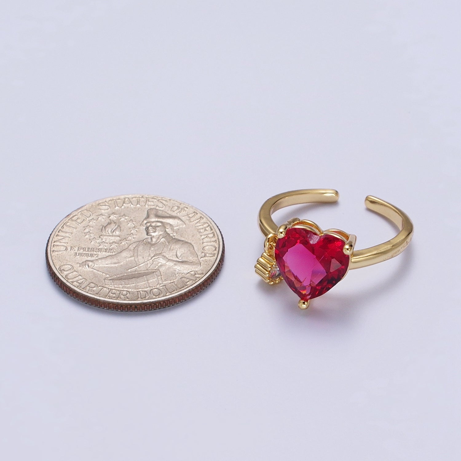 Fuchsia Heart Cubic Zirconia Dangle Charm Adjustable Gold Ring | Y320 - DLUXCA
