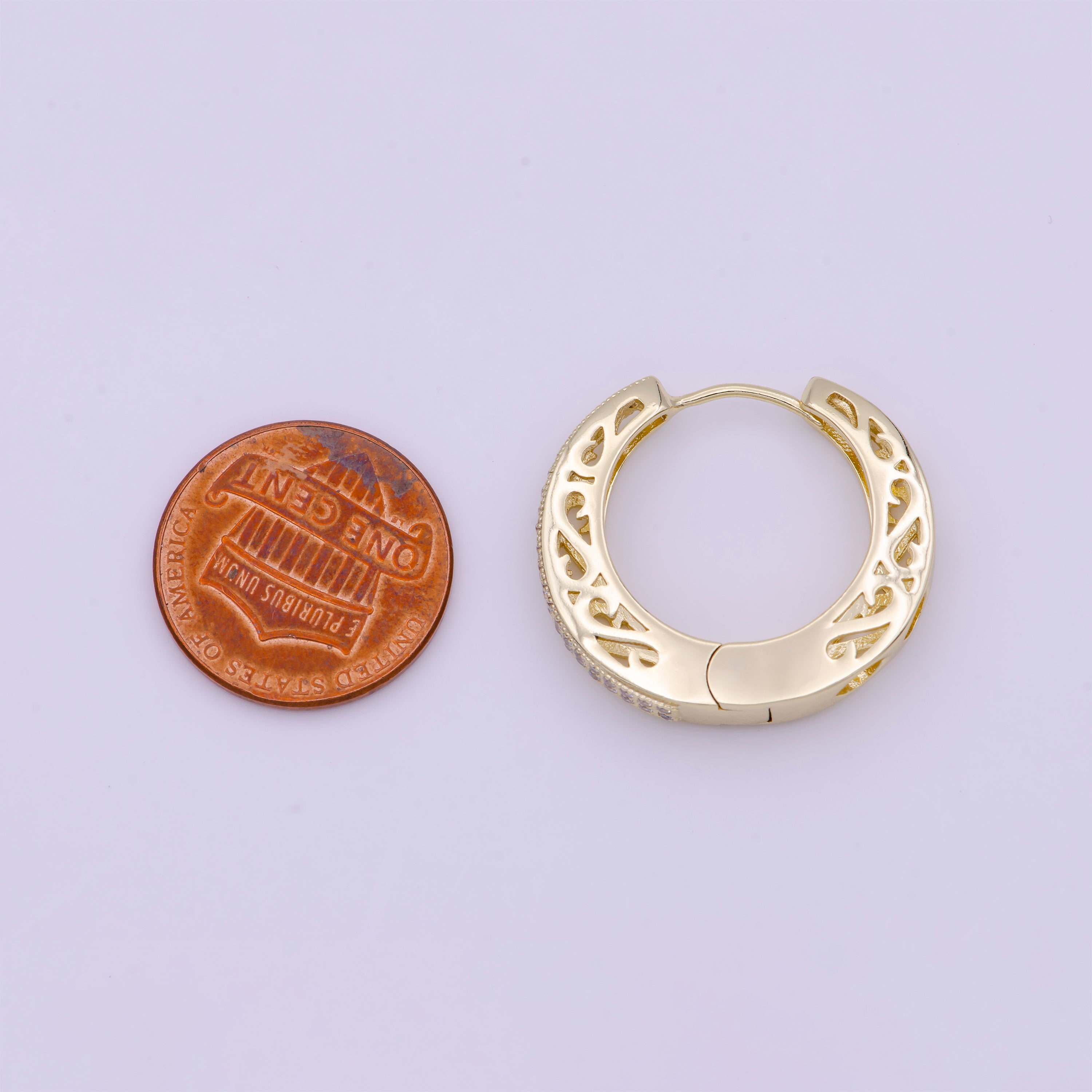 Micro Paved CZ Filigree 25mm Gold Huggie Hoop Earrings | Y166 - DLUXCA