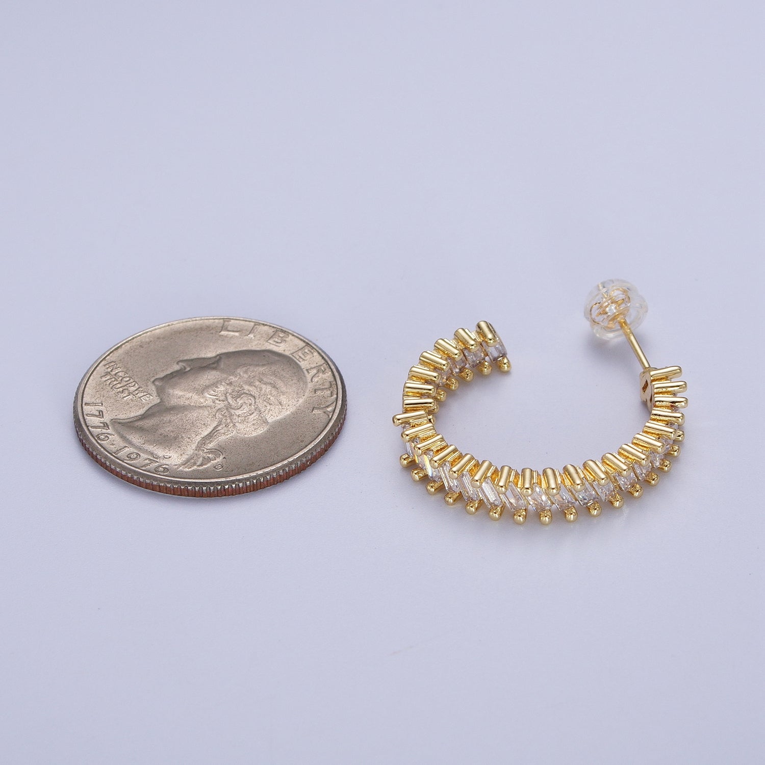 Clear Gold Baguette CZ Hoop Earrings | Gold Cubic Zirconia Earrings | Gold CZ Earrings | Baguette Hoop Earrings | CZ Baguette Earrings G-138 - DLUXCA