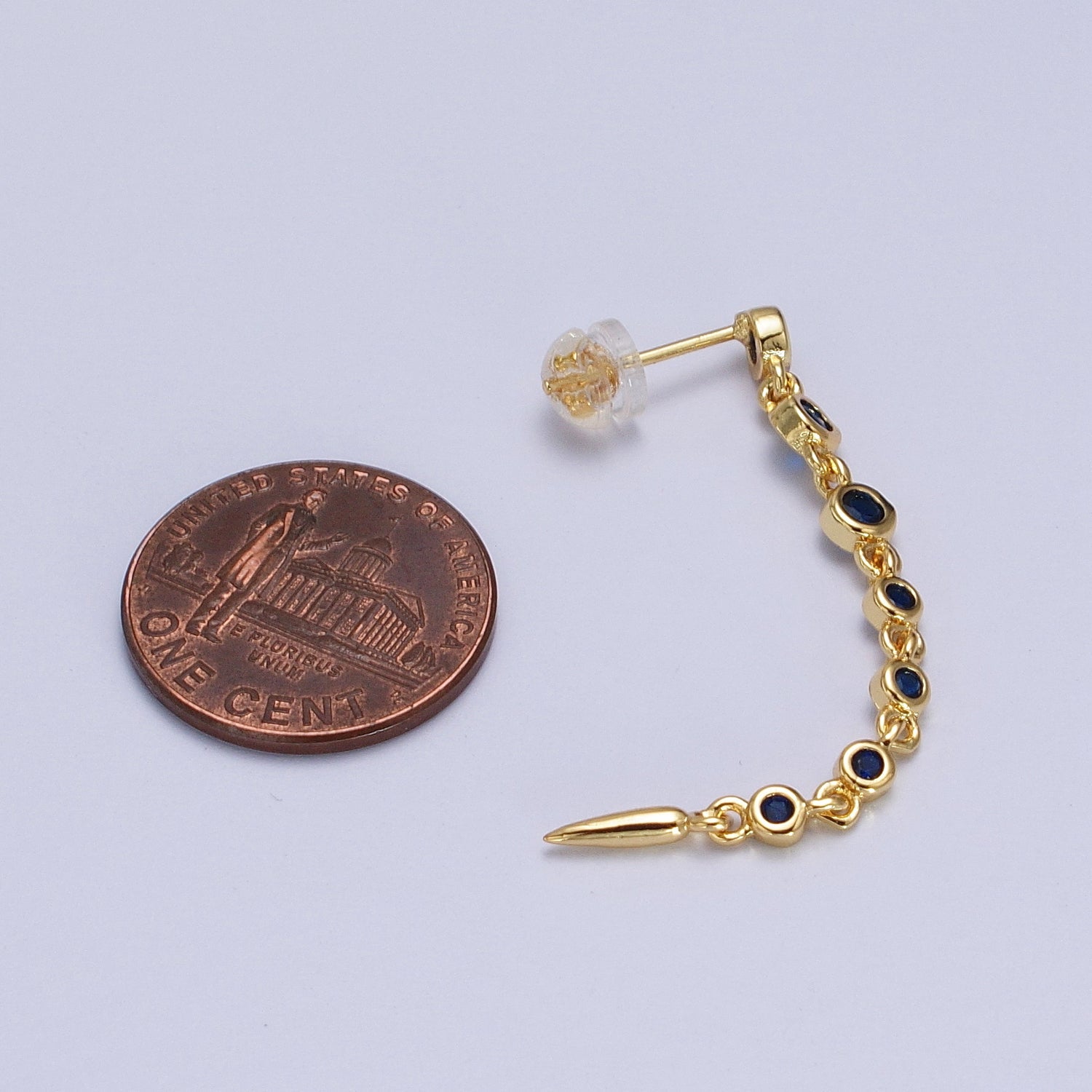 Round Blue CZ Spike Long Linear Drop Gold Earrings | AB006 - DLUXCA