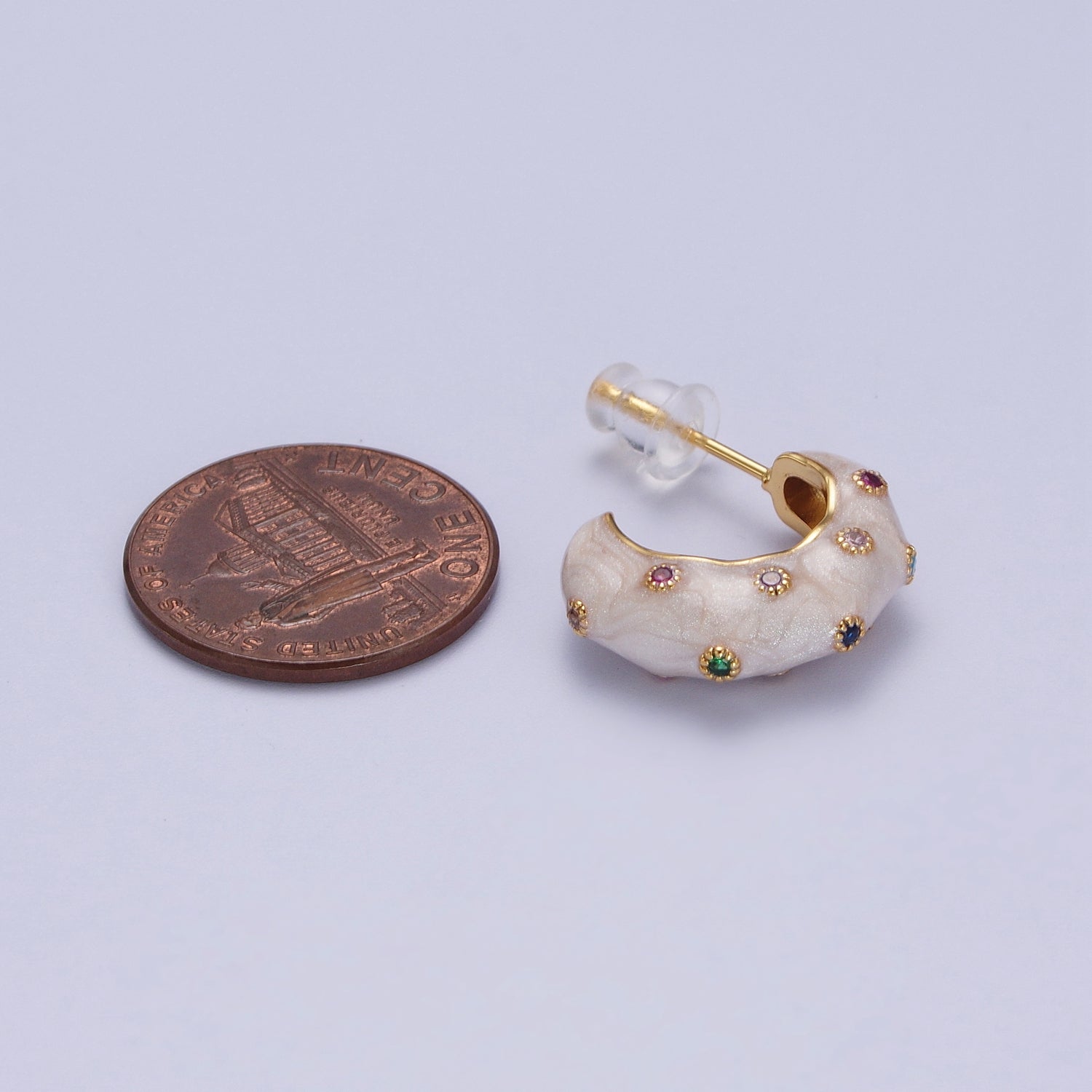 Multicolor CZ Dotted Cats Eye  C Shaped Abstract Gold Stud Earrings | Y180 - DLUXCA