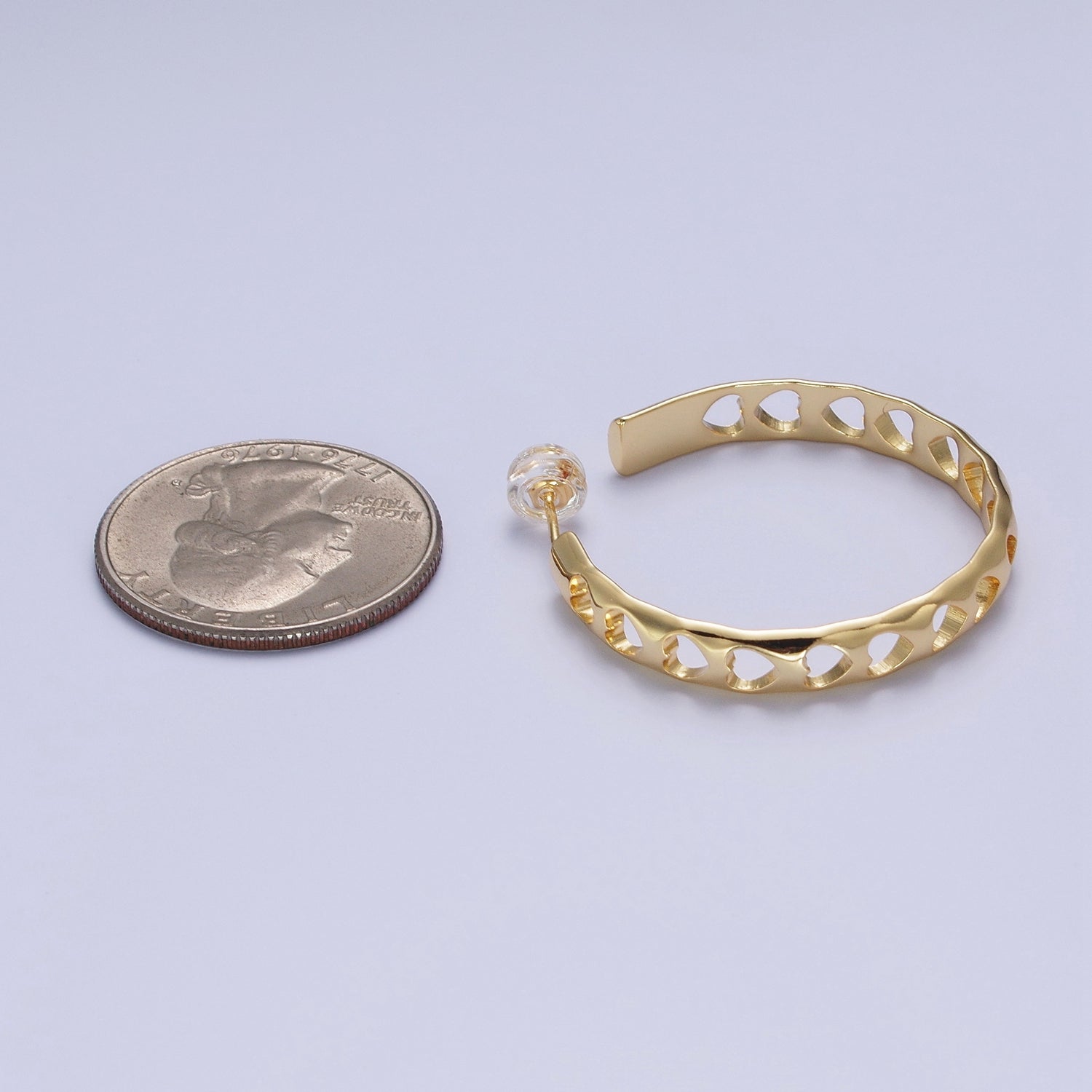 33mm Love Heart Outline Band C-Shaped Hoop Gold Stud Earrings For Valentine | X863 - DLUXCA