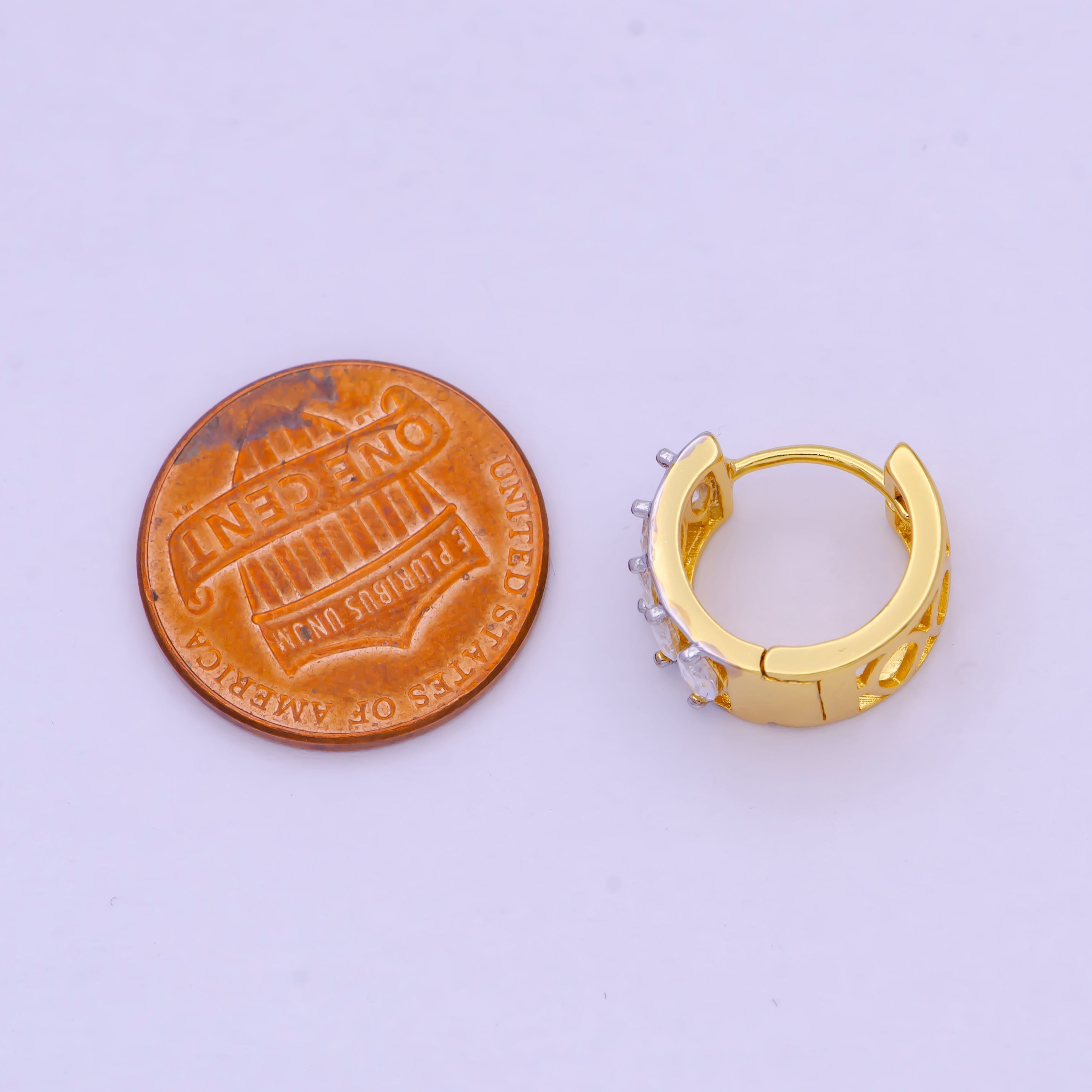 14mm Gold Marquise Cubic Zirconia Mixed Metal Cartilage Huggie Earrings | T139 - DLUXCA