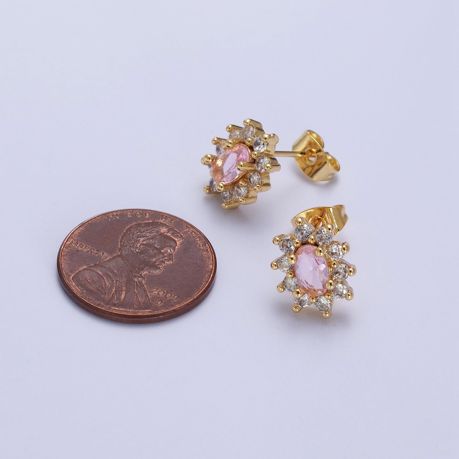 Pink & Clear Oval Cubic Zirconia Celestial Sun Burst Gold Stud Earrings | X928 - DLUXCA