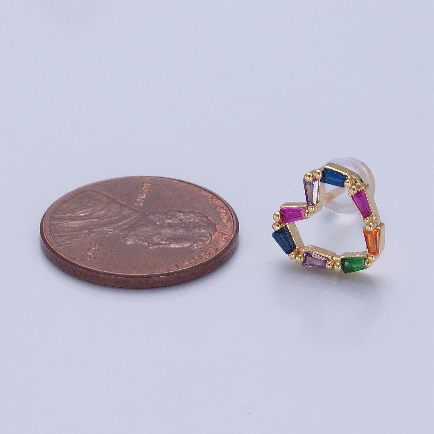Multicolor Baguette Cubic Zirconia Heart Stud Earrings, Valentine Love CZ Earrings V-420 - DLUXCA