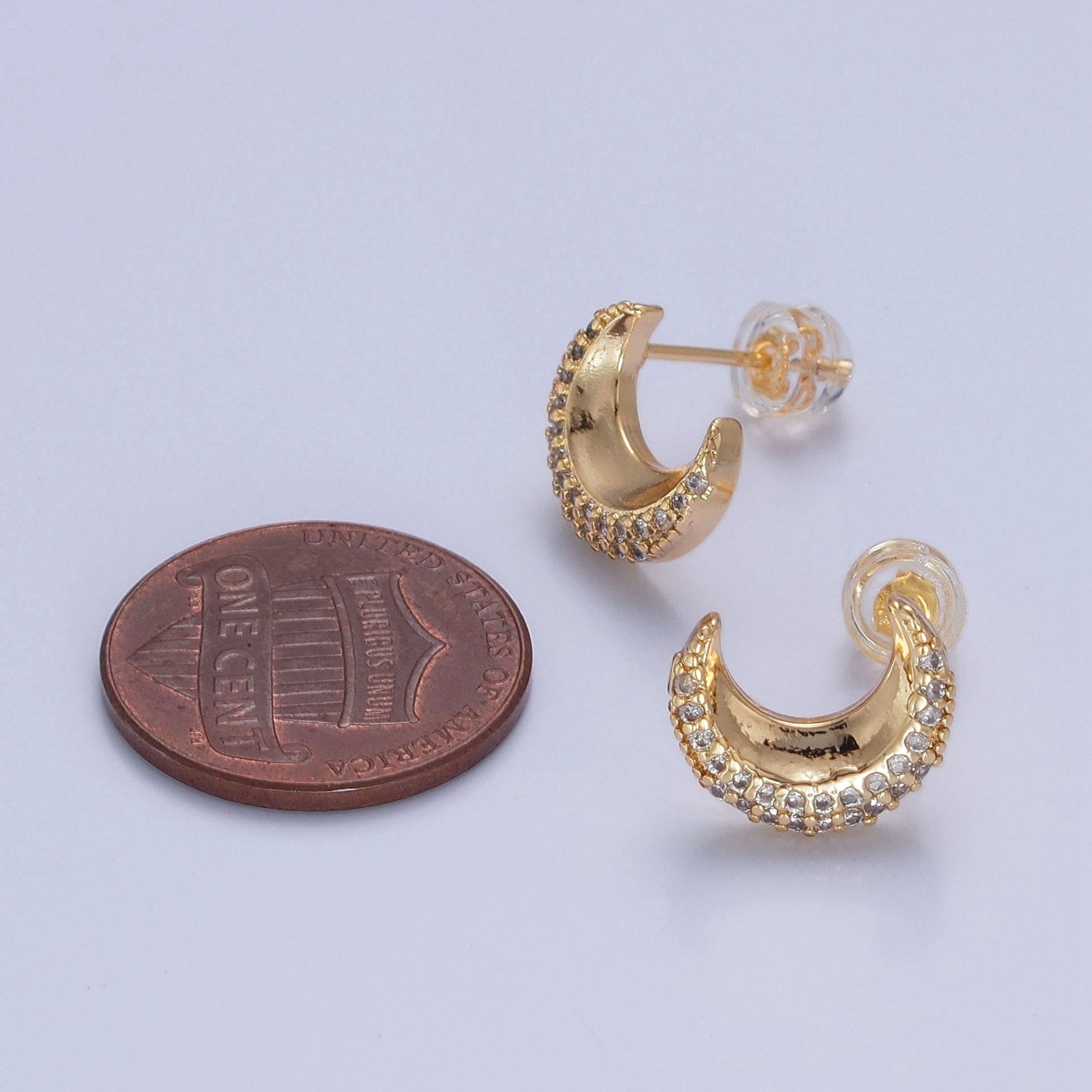 Micro Pave Cubic Zirconia Gold Celestial Crescent Moon Stud Earrings W-774 - DLUXCA
