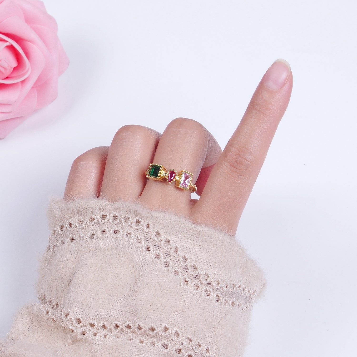 Gold Dotted Pink, Fuchsia, Green Baguette Teardrop Cubic Zirconia Adjustable Ring S-245 - DLUXCA