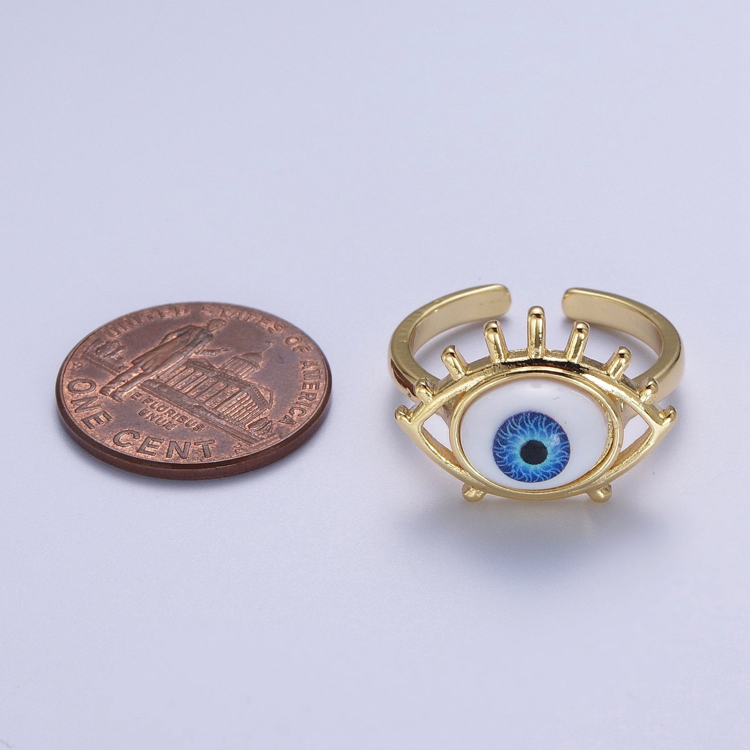 Blue Evil Eye of Ra Eyelash Bezel Gold Adjustable Protection Ring | V063 - DLUXCA