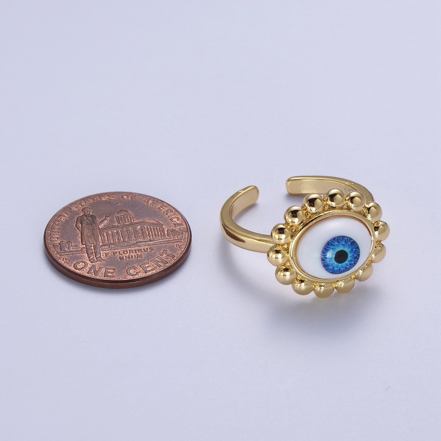 Blue Evil Eye of Ra Round Beaded Bezel Gold Adjustable Protection Ring | V061 - DLUXCA