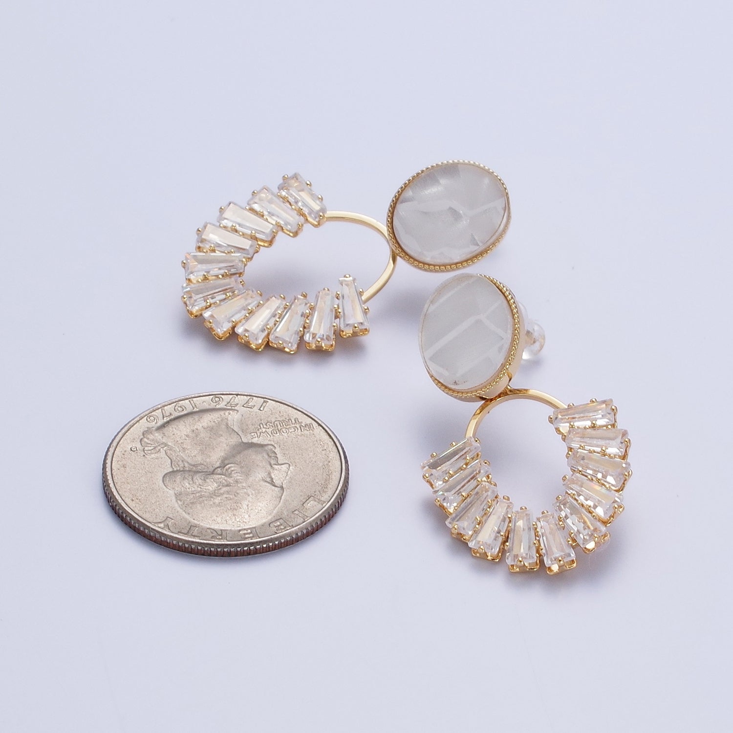White Opal Oval with Baguette Cubic Zirconia Drop Gold Stud Earrings | X883 - DLUXCA