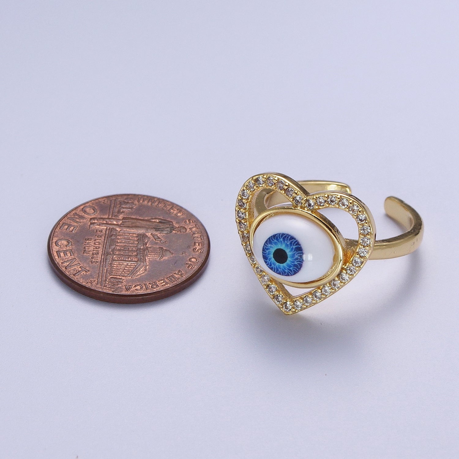 Blue Evil Eye of Ra Heart Love Micro Paved CZ Bezel Gold Adjustable Protection Ring | V064 - DLUXCA