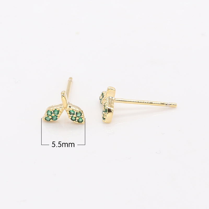 Gold Mini Leaves Stud Earrings CZ Green Leaf Tree Floral Nature Earring Jewelry GP-429 - DLUXCA