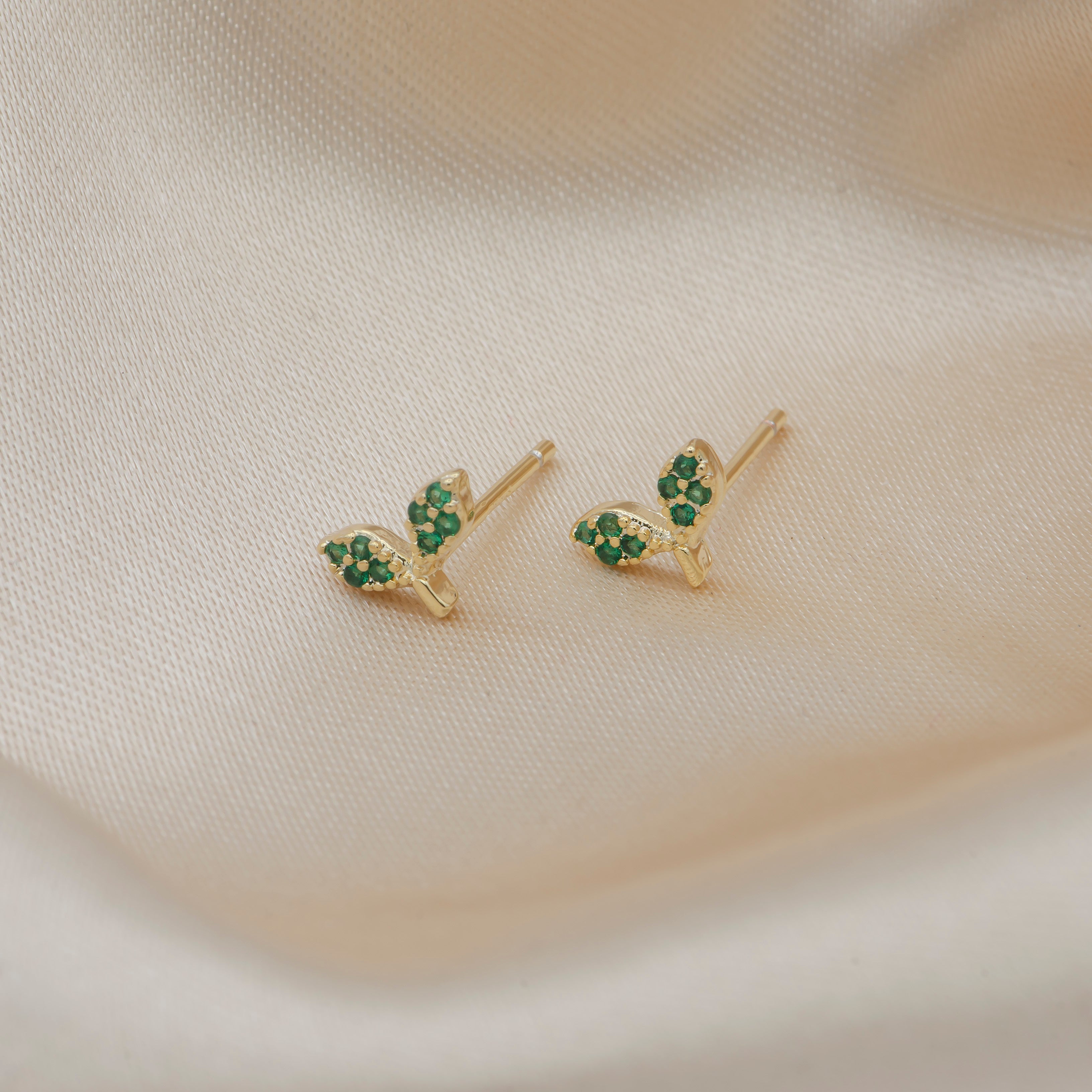 Gold Mini Leaves Stud Earrings CZ Green Leaf Tree Floral Nature Earring Jewelry GP-429 - DLUXCA