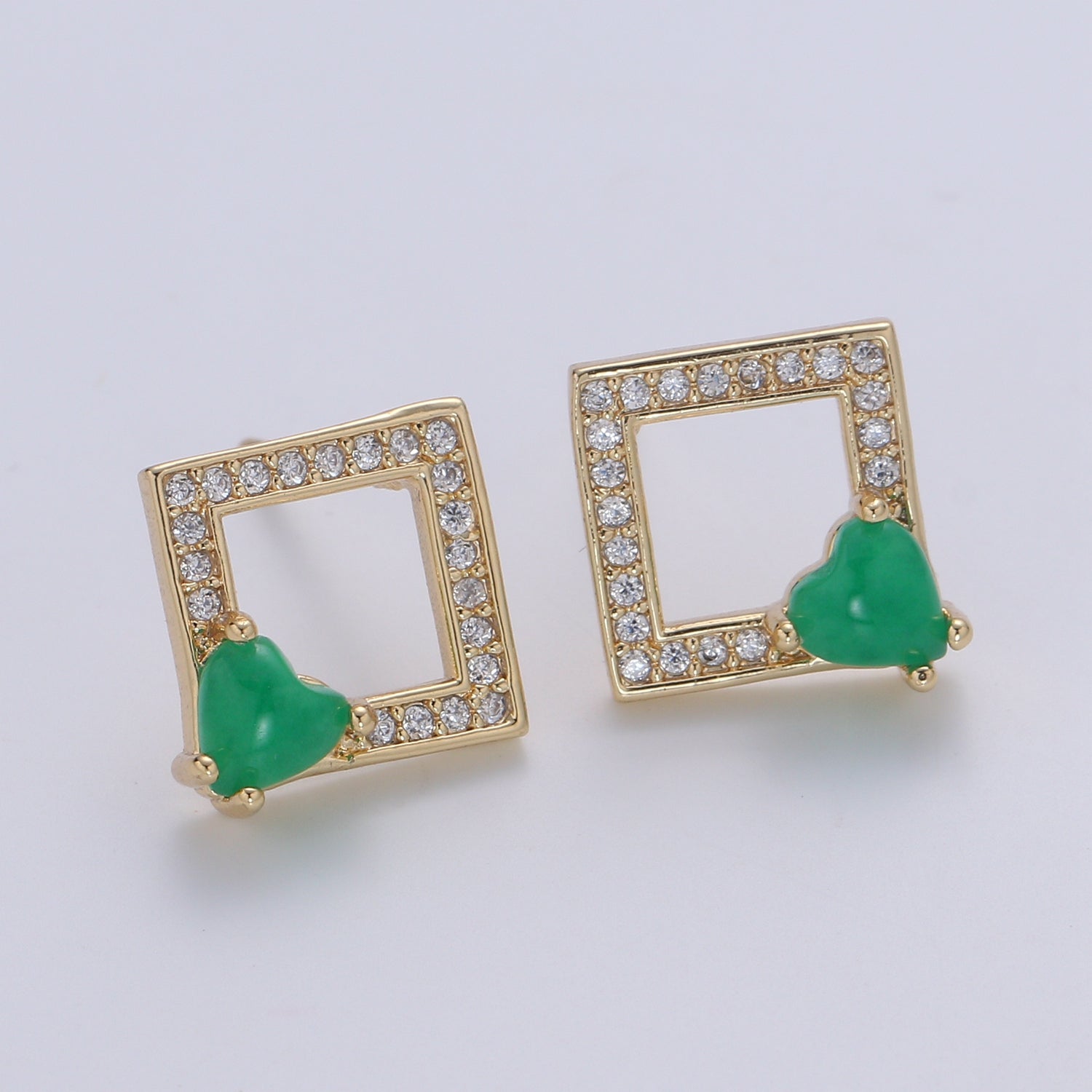 Golden Zirconia Crystal Green Heart Square Studs Earring CZ Geometric Heart Earring Jewelry GP-647 - DLUXCA