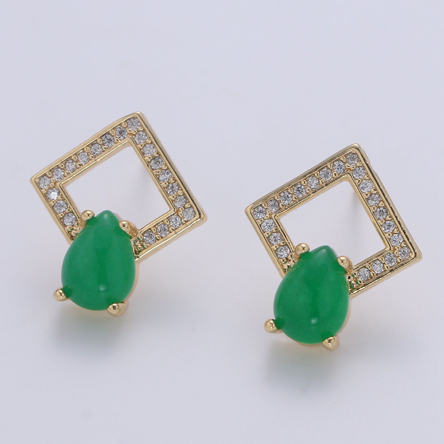 Green Pearl on Zirconia Gold Plated Square Studs Earring CZ Golden Geometric Earring Jewelry GP-649 - DLUXCA
