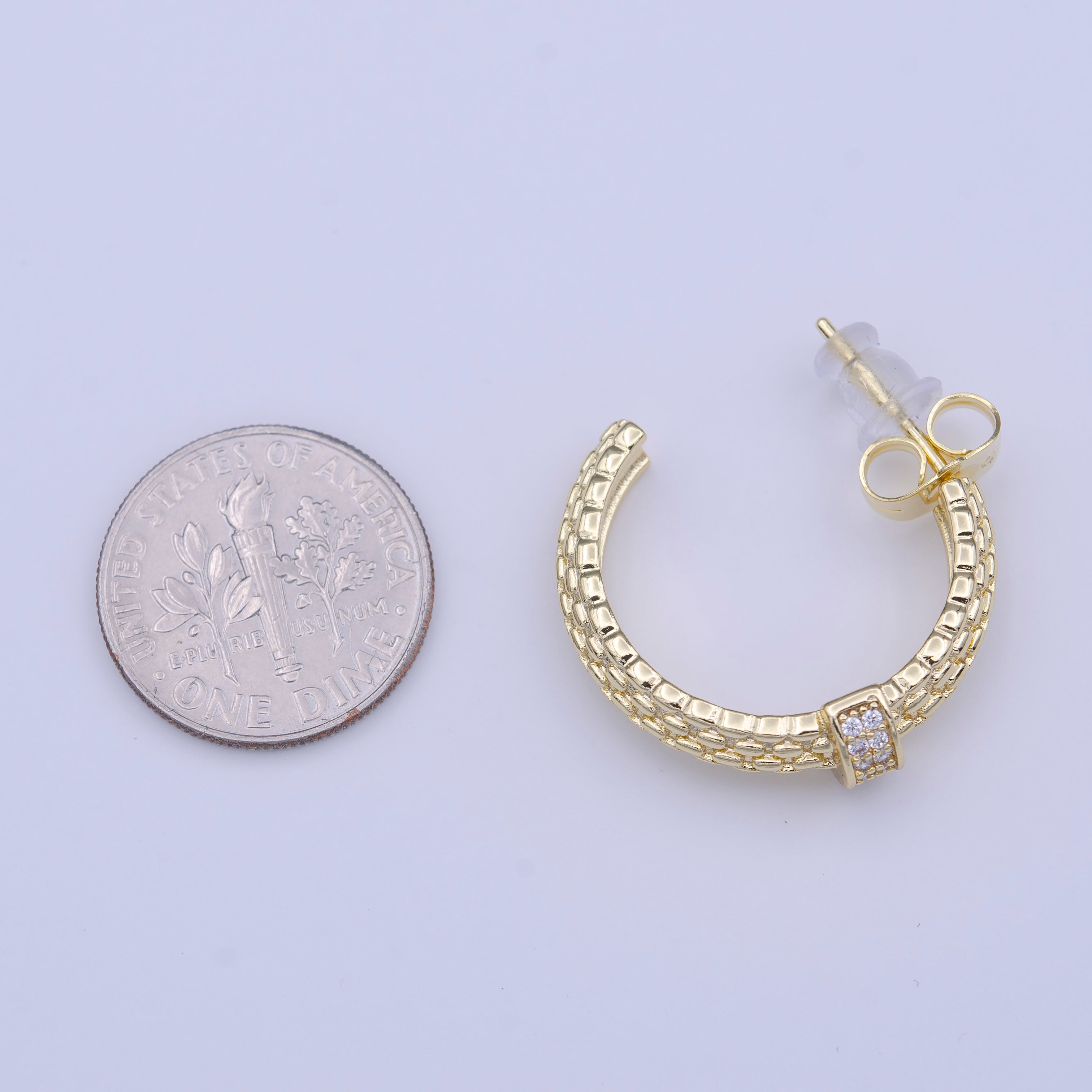 C-Shaped Beaded Gold Micro Paved CZ Lined Bar Stud Hoop Earrings | Y214 - DLUXCA
