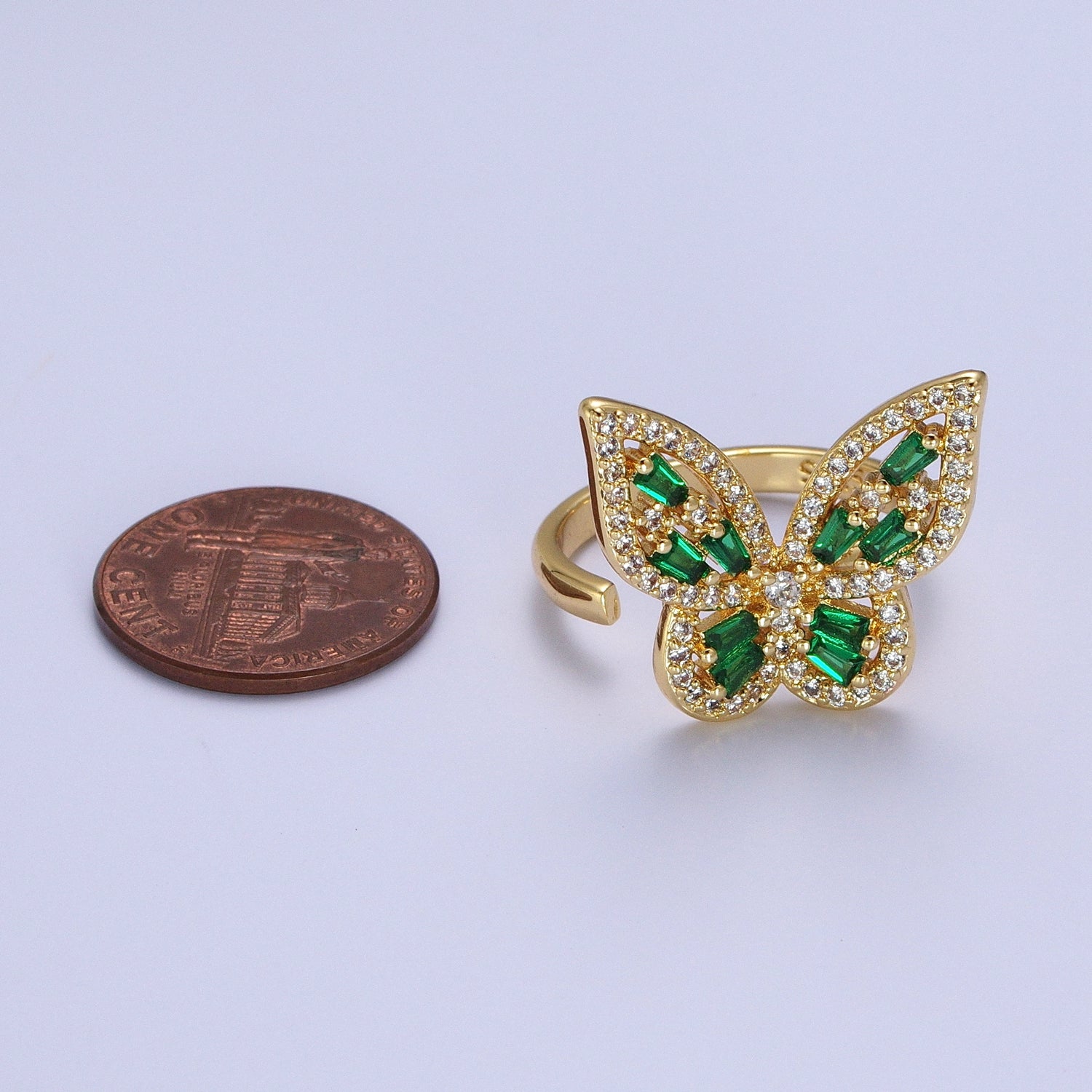 Micro Paved Gold Green Baguette Mariposa Butterfly Adjustable Ring | Y361 - DLUXCA