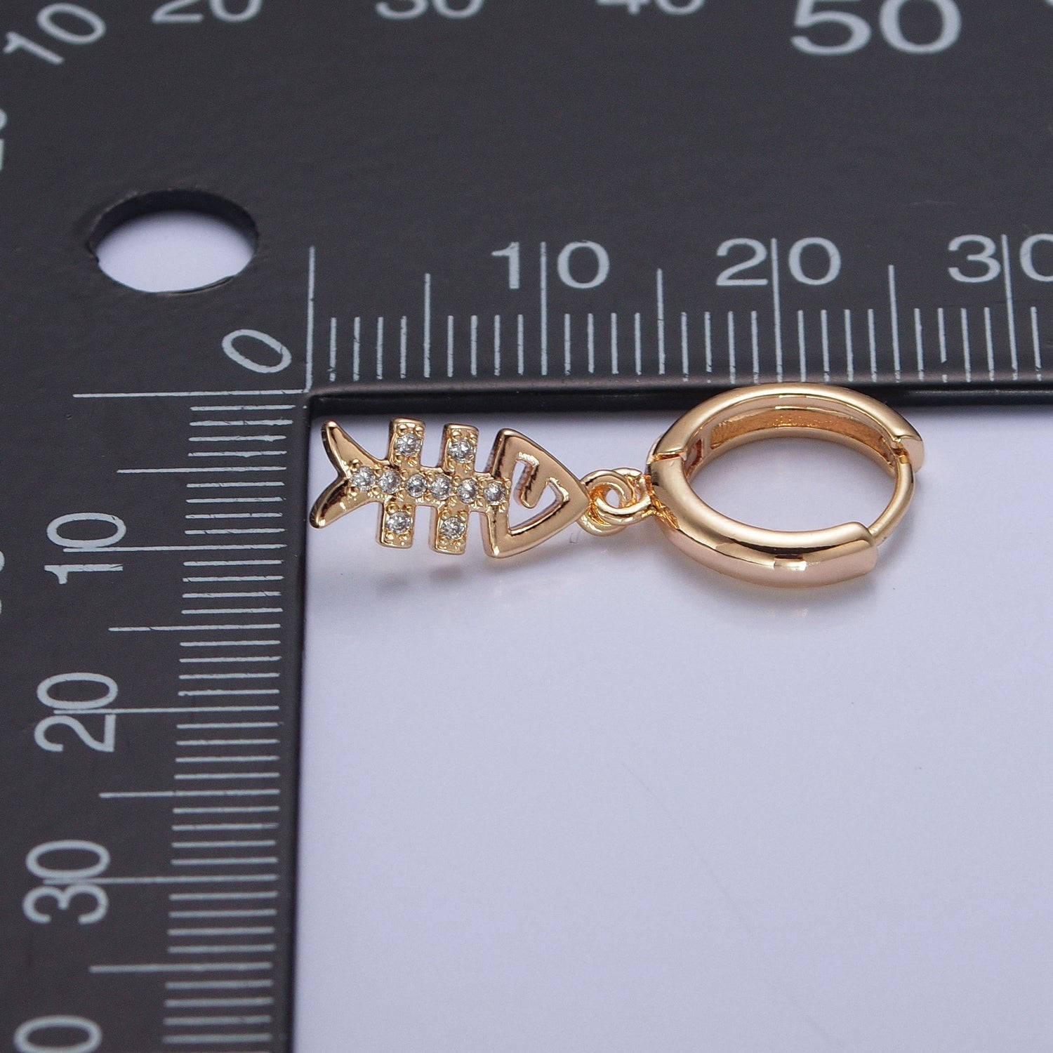 24K Gold Filled Micro Pave Cubic Zirconia Fish Bone Charm Dangle Huggie Hoop Earrings W772 - DLUXCA