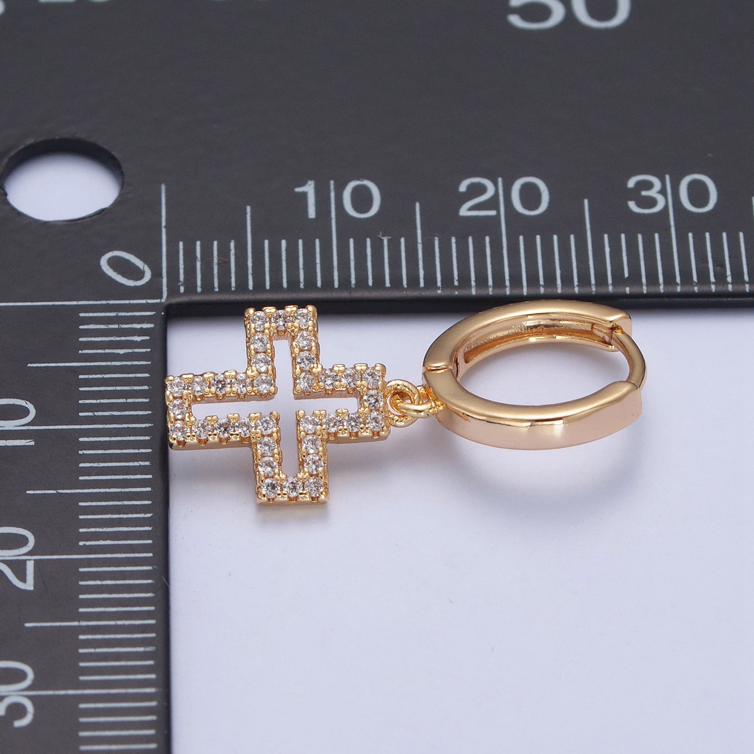 24K Gold Filled Micro Pave Cubic Zirconia Religious Cross Charm Dangle Huggie Hoop Earrings W716 - DLUXCA