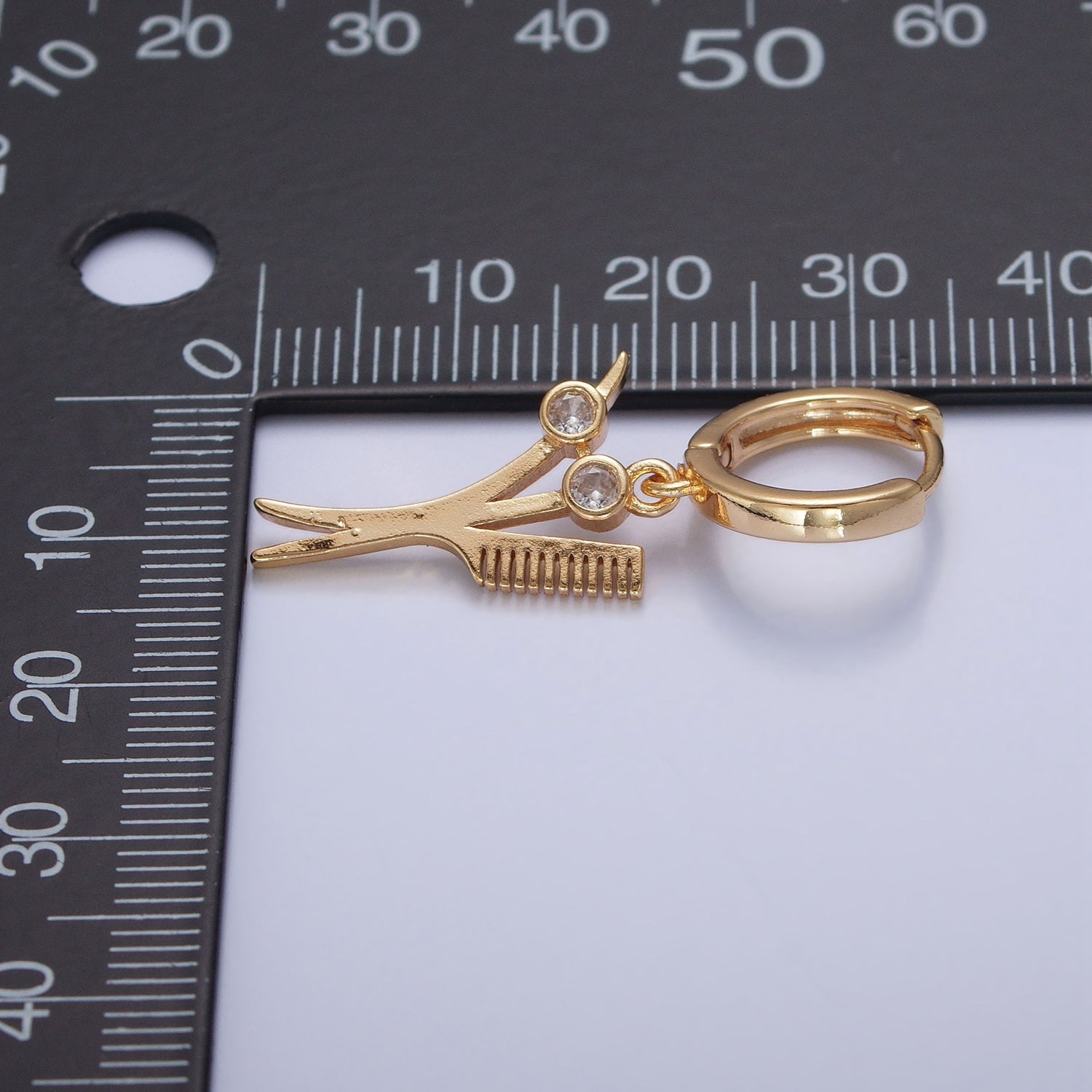 24K Gold Filled Hairdresser Barber Tools Scissors & Comb CZ Charm Dangle Huggie Hoop Earrings W771 - DLUXCA