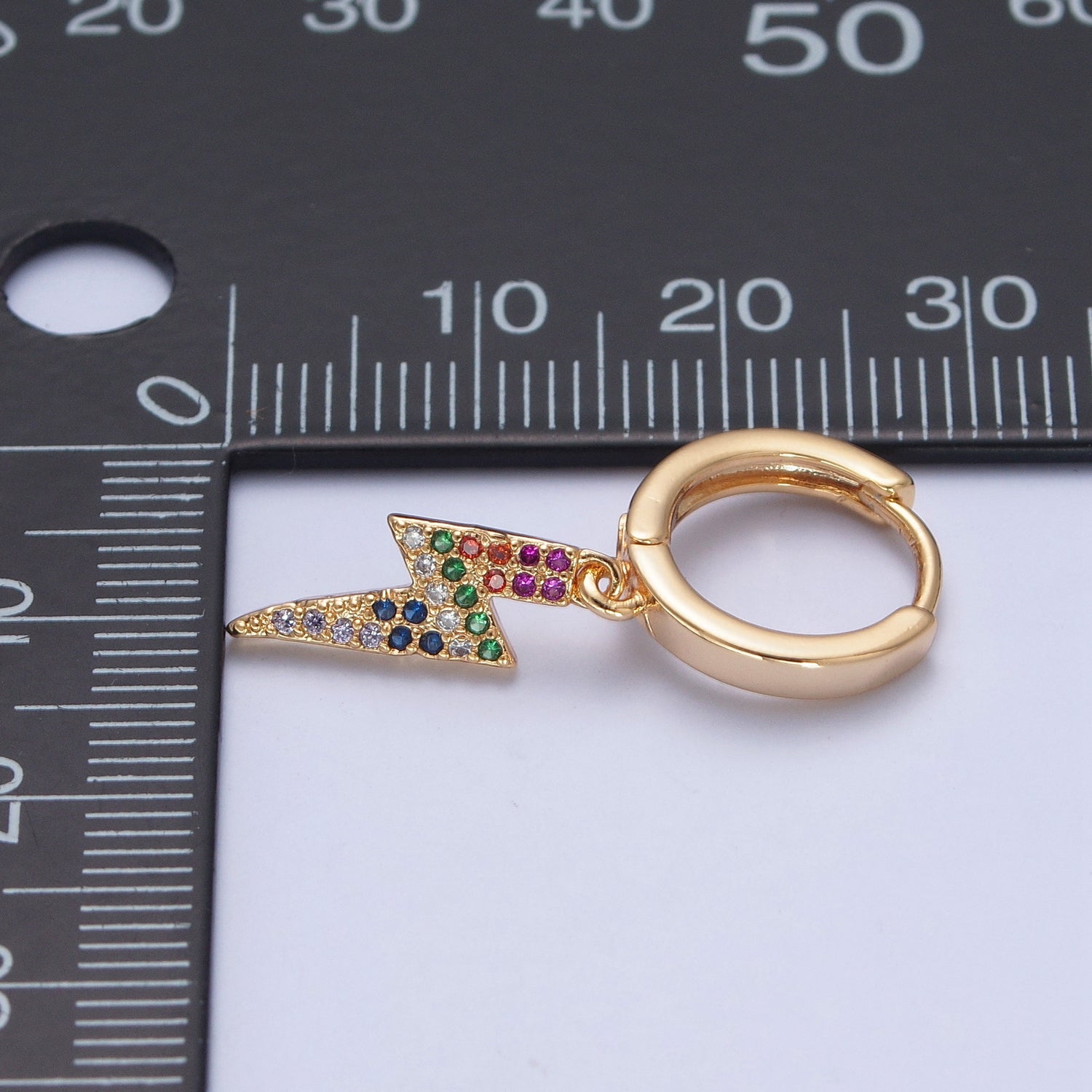 24K Gold Filled Rainbow Micro Pave Thunder Bolt Charm Drop Dangle Earring W725 - DLUXCA