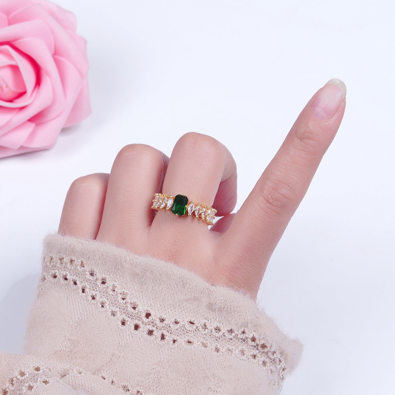 24K Gold Filled Emerald Green Baguette Ring with Clear Marquise Band,  Cubic Zirconia CZ Promise Ring, V529 - DLUXCA